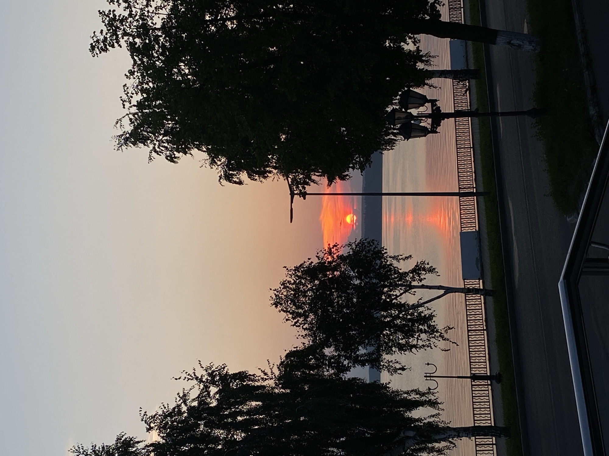 This image depicts a sunset over the Votkinsk Reservoir in Votkinsk, Russia. The sun, a bright orange orb, is partially obscured by clouds as it sets, casting a vibrant reflection on the calm water. Silhouetted trees frame the scene on both sides, with the darker, denser foliage on the right contrasting with the sparser branches of the trees on the left. A decorative metal fence runs along the embankment, separating the walkway from the reservoir. A lamppost stands near the fence, its ornate design visible. Beyond the reservoir, a dark tree line marks the far shore. In the foreground, a paved road and a section of a metal railing suggest a public area, possibly a promenade or viewpoint. The sky transitions from a soft pale blue at the top to a warm orange and pink hue near the horizon, indicating the progression of dusk.