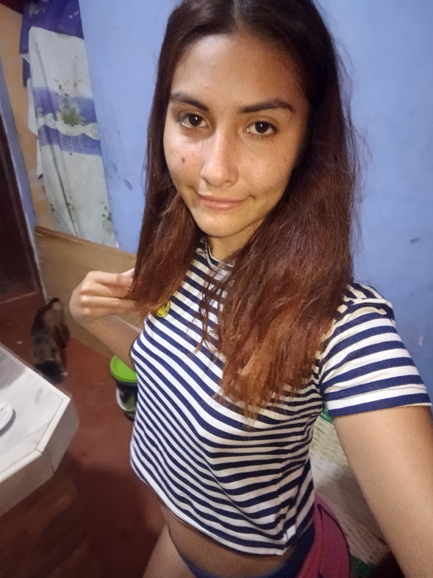 A person, likely female, with brown hair and a striped blue and white shirt, is taking a selfie indoors. The background includes a blue wall and a curtain. A cat is partially visible in the lower left corner. The location is possibly a home interior in Juan Griego, Venezuela, but there is no definitive information in the image to confirm this.
