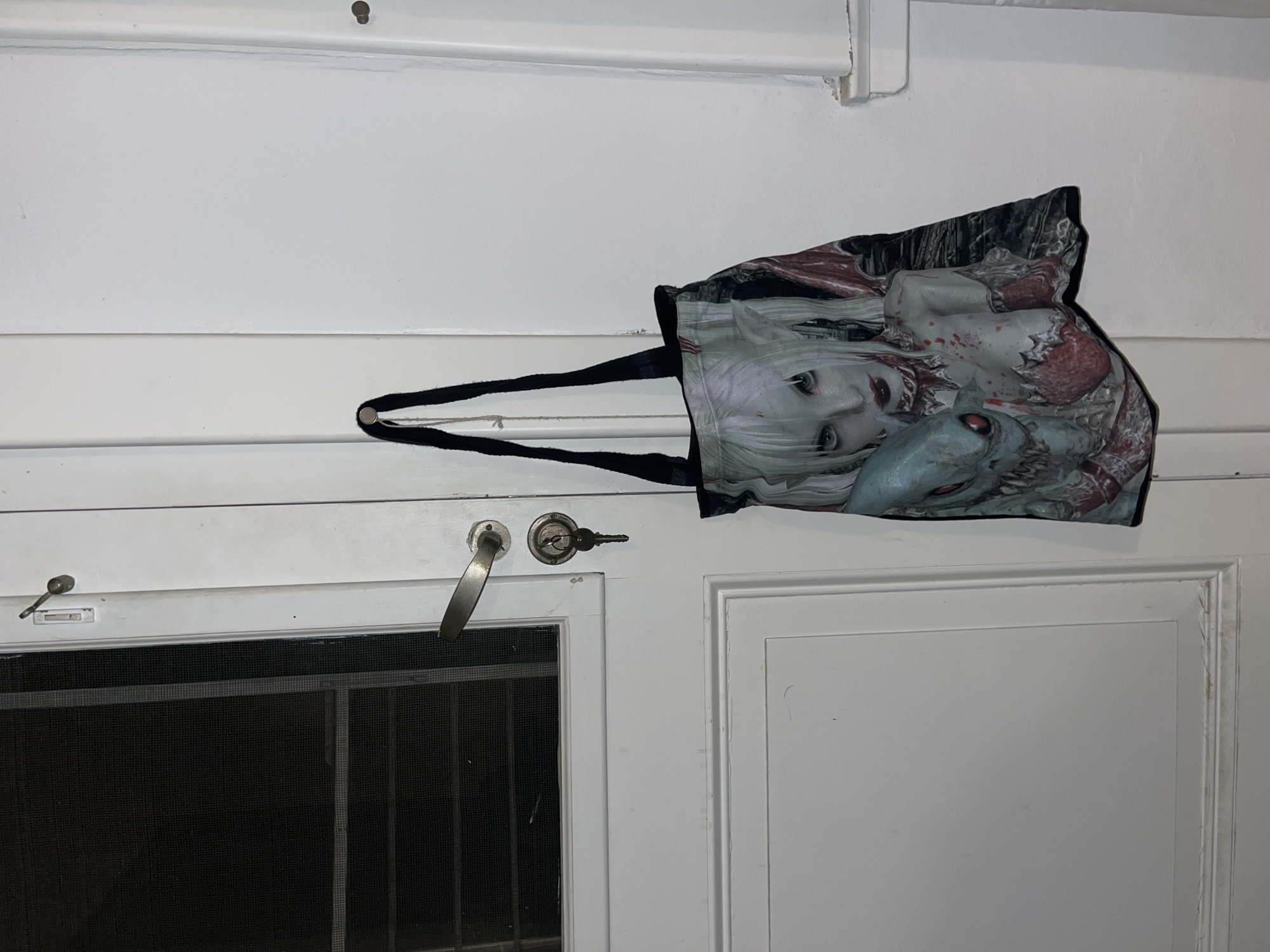 A tote bag with a zombie-themed design is hanging from a door handle and lock. The door is white with a screen window on the left side. The setting is indoors. There are no indications to suggest a location in Buenos Aires, Argentina.