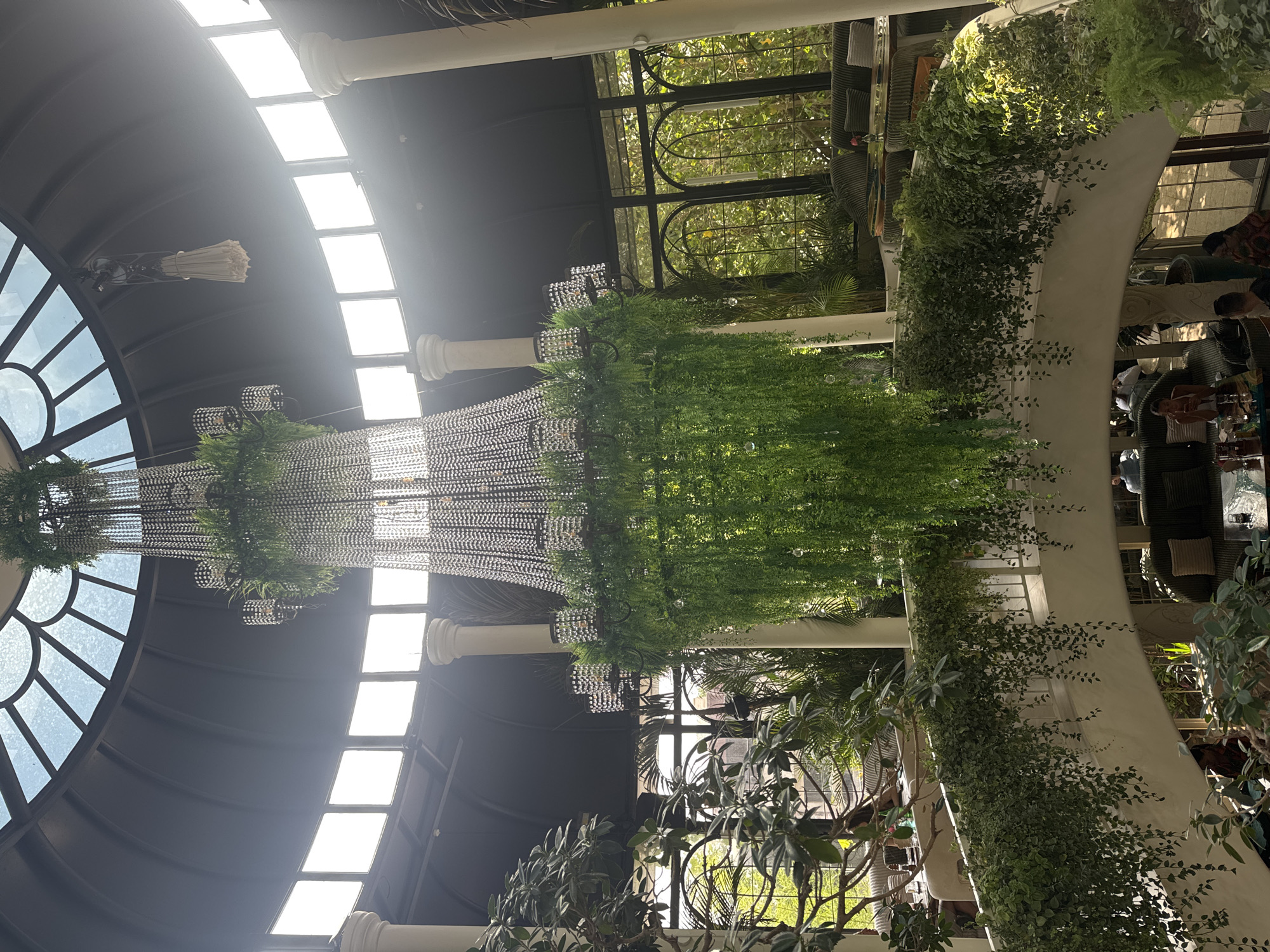 This image depicts a grand and verdant indoor space, likely a luxury hotel lobby, resort atrium, or an upscale restaurant/cafe, consistent with the vibrant atmosphere of North Kuta, Indonesia. The high, arched ceiling is dark grey, punctuated by a series of rectangular skylights and a large, semi-circular window on the left, all allowing abundant natural daylight to flood the area. The bright light suggests it is daytime, likely morning or early afternoon, with clear weather outside.
The central focal point features two enormous, intricate chandeliers, appearing to be crafted from countless crystal or glass beads, which are heavily adorned with lush green ferns and cascading vines, creating a unique "living chandelier" effect. Several substantial white columns with classical detailing rise from the floor, supporting the structure.
A sweeping, curved white architectural element, possibly a balcony or a decorative divider, traverses the middle ground and is lavishly draped with a variety of green climbing plants and hanging foliage. Additional large potted plants and trees are strategically placed throughout the space, contributing to an overarching botanical and natural aesthetic.
In the background on the right side, several indistinct people are visible, seated at tables or lounge areas, suggesting a relaxed atmosphere of dining, socializing, or leisure. A distinctive white, bundled object, resembling a large, folded fan or an artistic light fixture, hangs near the upper left skylight. The overall scene exudes an air of elegance, tranquility, and a harmonious integration of natural elements with sophisticated architecture. No visible text is present.