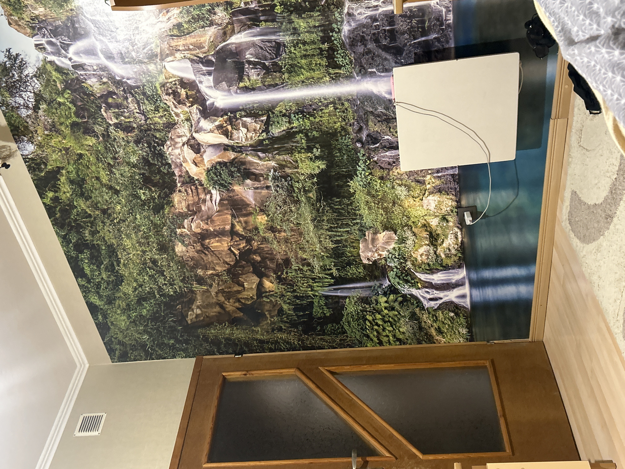 The image depicts a room interior. A wall mural depicting a lush, rocky landscape with waterfalls dominates the background. In the upper right, there's a white rectangular object mounted on the wall with visible wires. A partial view of a bed and a patterned rug is seen at the top right. Below the mural is a dark wood door with glass panes in a geometric pattern. The wall is off-white with a small rectangular vent near the top left. The scene is well-lit. There is no definitive information to confirm the location in Plovdiv, Bulgaria.