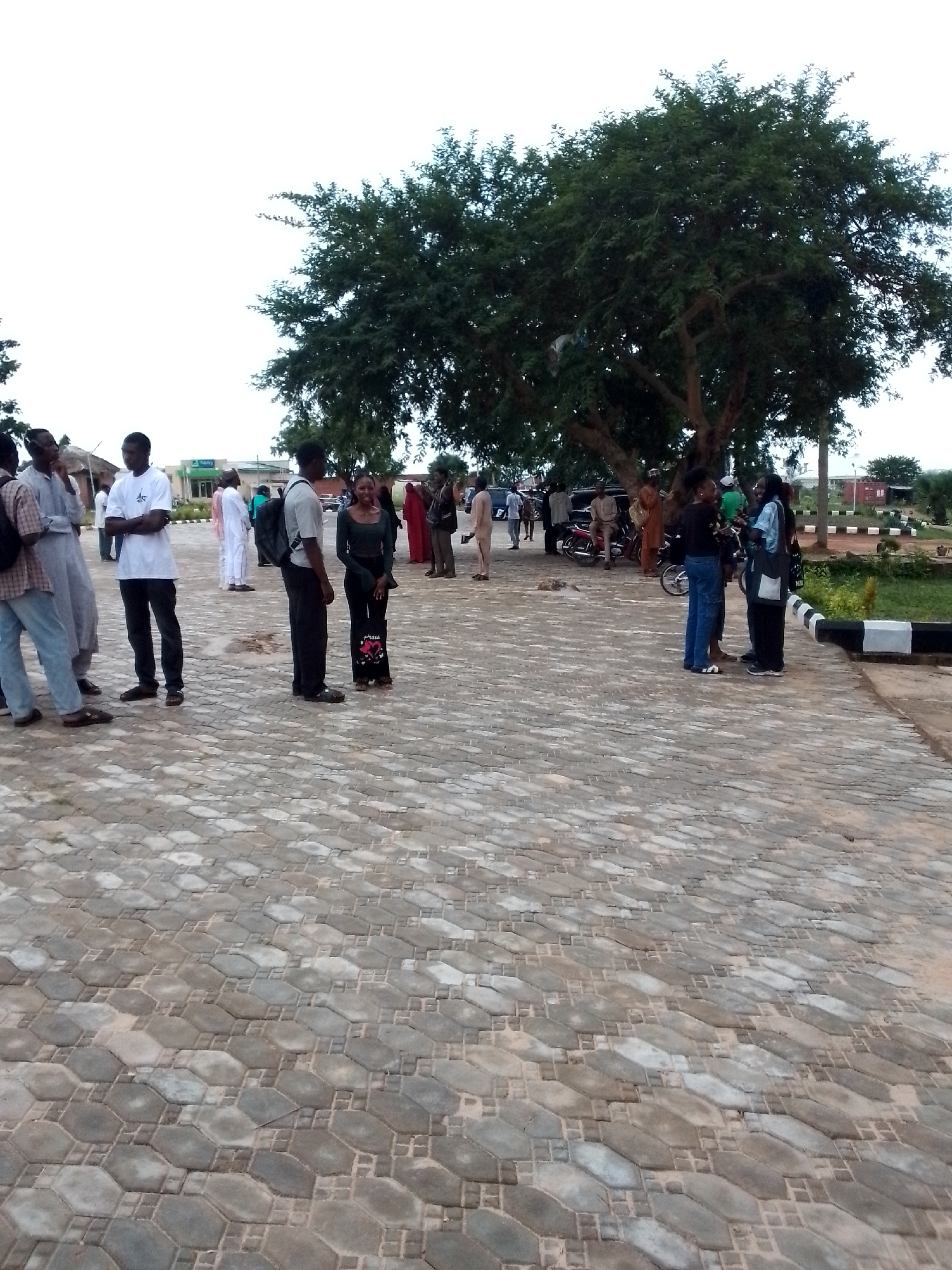 This is a photograph of a paved area in Jos, Nigeria, with several people standing around a large tree. The paving stones are a light grey hexagonal pattern. In the foreground, a group of men and women are conversing. One man in a white t-shirt and black trousers stands with his arms crossed. A woman in a dark green dress stands to his right, looking away from the camera. Further back, more individuals are gathered, some near a red brick building with a sign that appears to say "Fidelity." Several motorcycles are parked to the right of the tree. The sky is overcast.