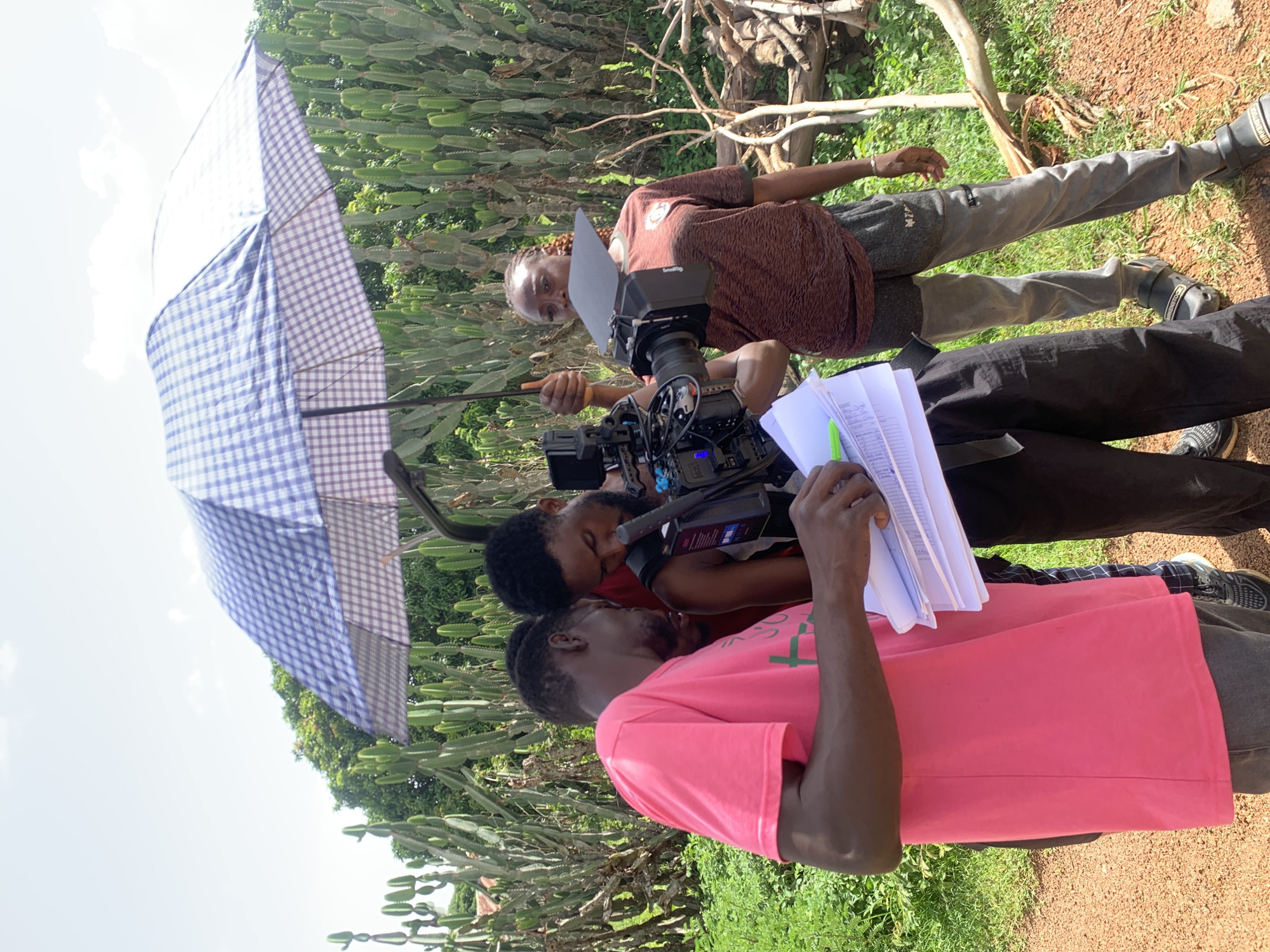 The media file shows three individuals on what appears to be a film set in Gwafan, Nigeria. The setting is outdoors, with lush green vegetation, including tall, spiky plants resembling cacti, and dirt ground visible. In the background, there are trees and branches, suggesting a natural or rural environment.
The main subjects are three men. One man, wearing a maroon t-shirt, is operating a professional video camera. He is looking through the viewfinder, focused on his task. Another man, wearing a bright pink t-shirt, is standing behind the camera operator, holding a stack of papers with a green pen. He appears to be reading or referring to the documents. The third man, wearing a brown patterned shirt and grey pants, is standing to the left, holding a large umbrella with a blue and white checkered pattern, likely to provide shade or diffuse light for the filming.
The activity taking place is clearly a film or video production. The presence of the camera, the papers (possibly a script or shot list), and the umbrella used for lighting control are all indicative of a film crew at work.
Notable details include the bright daylight, suggesting it is daytime, and the overall outdoor setting. The interaction between the individuals seems professional and focused. The image is oriented vertically, with the subjects appearing to be facing the viewer, but positioned as if the camera is pointing horizontally. There is no visible text within the image itself, apart from what might be on the papers being held.