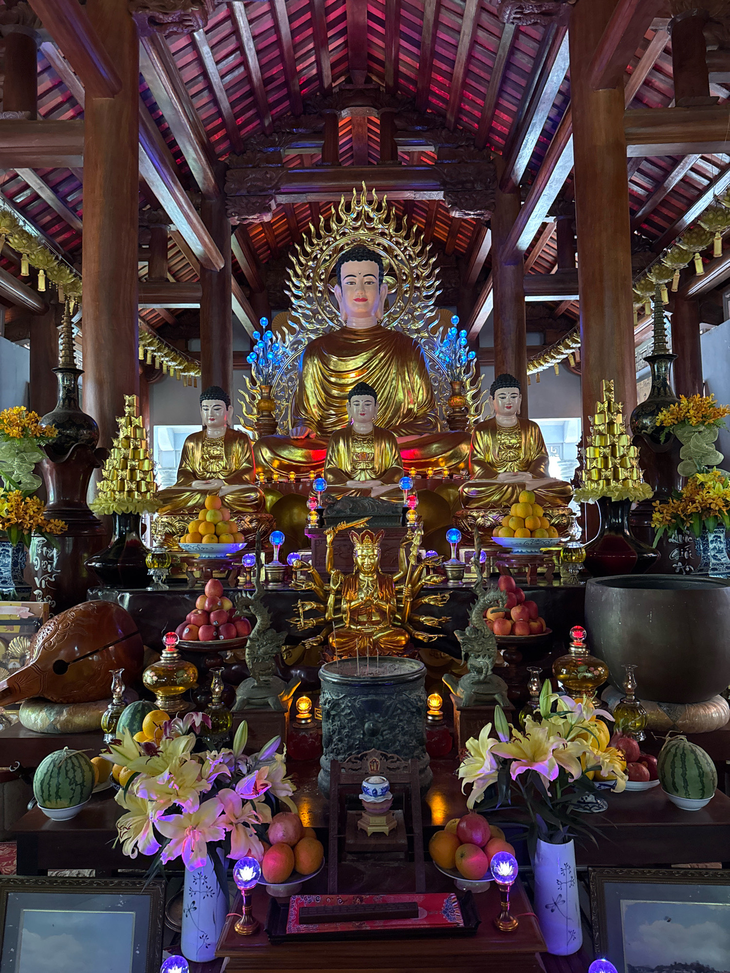 The image shows a richly decorated Buddhist altar inside a temple in Nha Trang, Vietnam. The central focus is a large, golden Buddha statue seated in a meditative pose, adorned with a golden halo and blue floral ornaments. To the left and right of the main Buddha are two smaller golden Buddha statues, also seated. The altar is adorned with various offerings, including piles of oranges and apples, as well as a bouquet of lilies in a white vase. Incense burners, golden tiered decorations, and several decorative vases are also present. In the foreground, there are two watermelons and some additional fruit. The altar is illuminated by colorful lights, casting a warm glow on the scene. The background reveals the ornate wooden architecture of the temple, with intricately carved beams and a red-tiled roof. The overall impression is one of reverence and opulence, typical of a Buddhist place of worship.