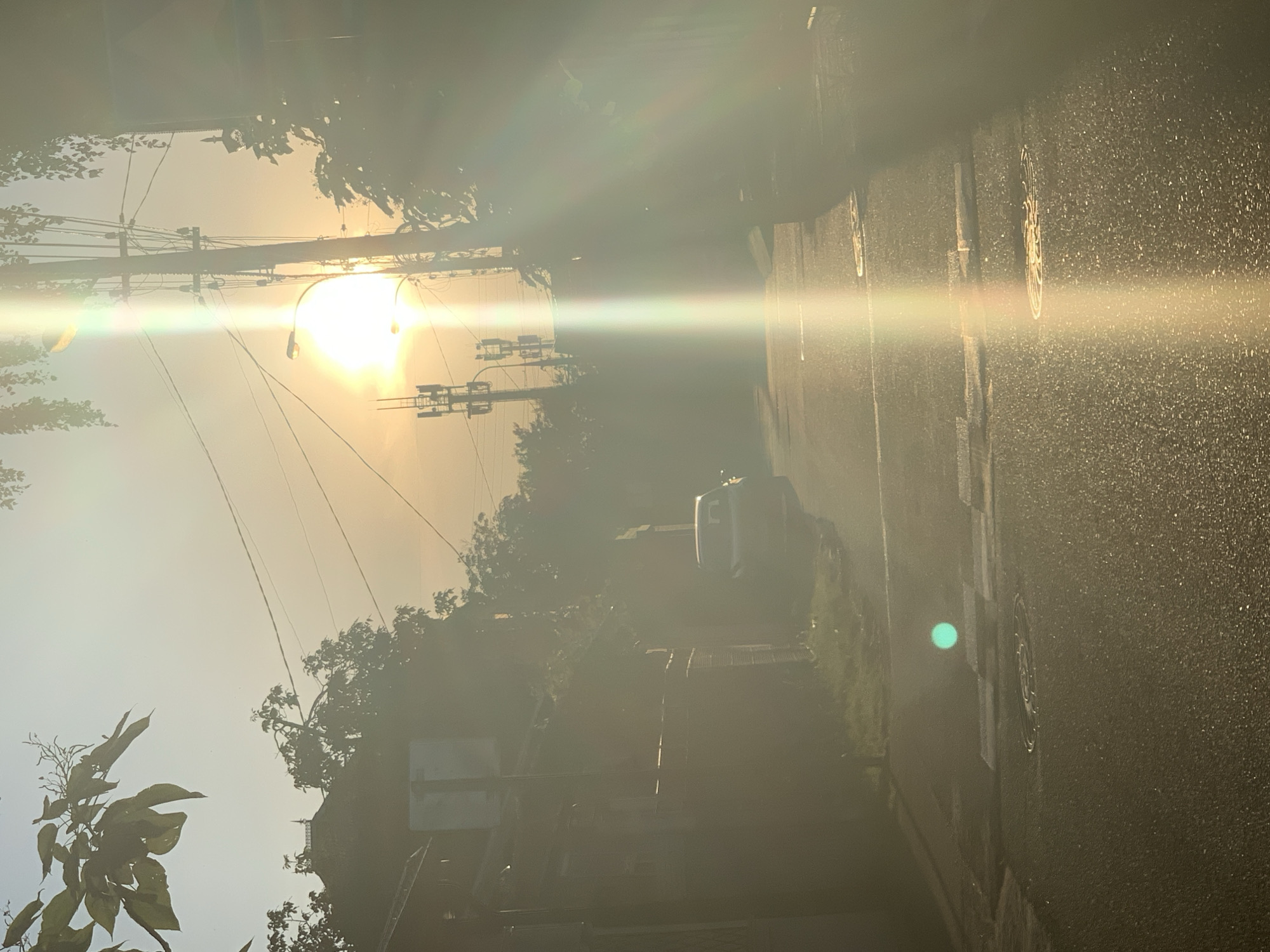 The image depicts a street scene bathed in the warm, hazy glow of the sun at either sunrise or sunset. The sun is positioned high in the sky, obscured by the atmosphere and casting a strong lens flare that dominates the right side of the frame with vertical bands of light and color. On the left side of the street, a low-lying building with a dark facade and a tiled roof is visible, partially obscured by lush green foliage. A white traffic sign stands near the building. Further down the street, a light-colored car is parked. The asphalt road is wet, reflecting the sunlight and showing a slight texture of small pebbles. Several circular manhole covers are embedded in the road surface. Utility poles with numerous wires and what appear to be cellular towers are prominent in the background, silhouetted against the bright sky. Trees with dense foliage line the sides of the street, adding to the verdant atmosphere. A bright green circular reflection is visible on the road surface in the lower left quadrant of the image.