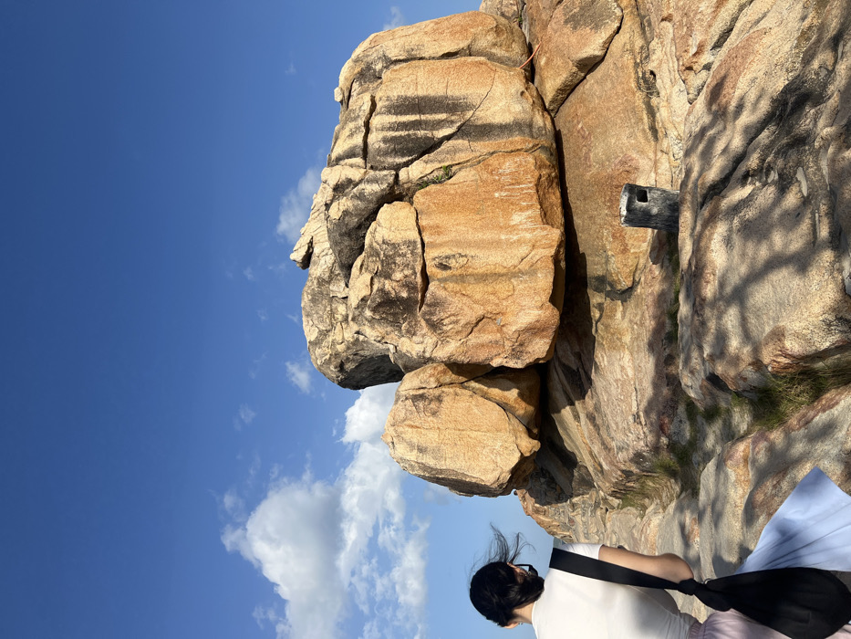 The image depicts Hon Chong Promontory in Nha Trang, Vietnam. The scene features prominent, naturally weathered granite boulders, colored in shades of light brown and orange, under a clear blue sky with scattered white cumulus clouds.
In the lower-left foreground, a single individual is observed from behind. This person wears a light-colored, short-sleeved top and light-colored trousers. Their dark hair is pulled back, with strands appearing to move due to a breeze. Dark sunglasses are worn on their head or neck. A black shoulder bag is carried over their left shoulder, and a light blue fabric item is partially visible beneath the bag.
The dominant features are large, rounded granite rock formations, some stacked upon others, occupying the midground and background. A dark gray cylindrical trash receptacle with an opening is positioned on a flat rock surface in the lower-right quadrant. Sparse green vegetation, primarily grass, grows in crevices between the rocks. Shadows are cast by the boulders on the rock-strewn ground. A thin orange cord is faintly visible near the upper right side of a large boulder formation. The individual is oriented towards the rock formations, appearing to observe the landscape or move through the area.