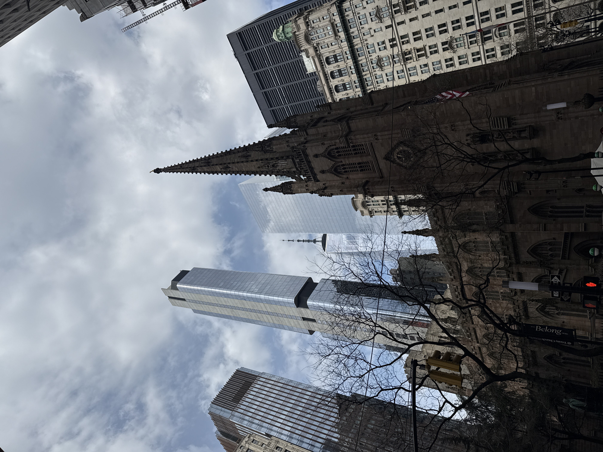 The image is a low-angle view of the skyscrapers and Trinity Church in New York City. The sky is cloudy, and bare tree branches fill some of the foreground. Several modern skyscrapers tower over the older church architecture. There is a traffic light on a pole on the right side of the frame. A sign reading "Belong" is visible near the traffic light.