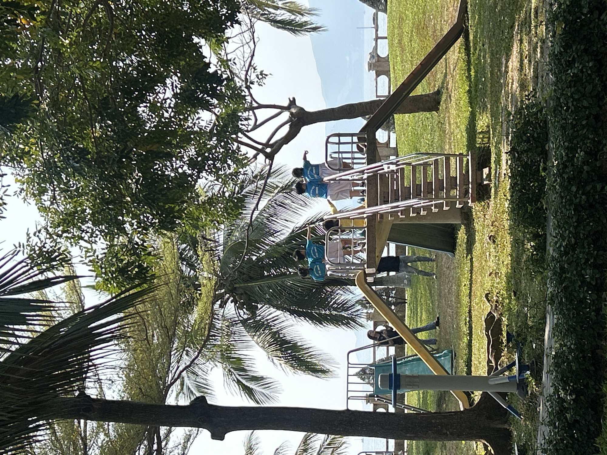 The image depicts a playground scene in Bắc Nha Trang, Vietnam. Several individuals are present, some of whom are children wearing blue shirts and white shorts. They are situated on a playground structure with a slide and stairs. A palm tree dominates the foreground. Other people are walking nearby. The environment includes trees, grass, and a body of water in the distance.