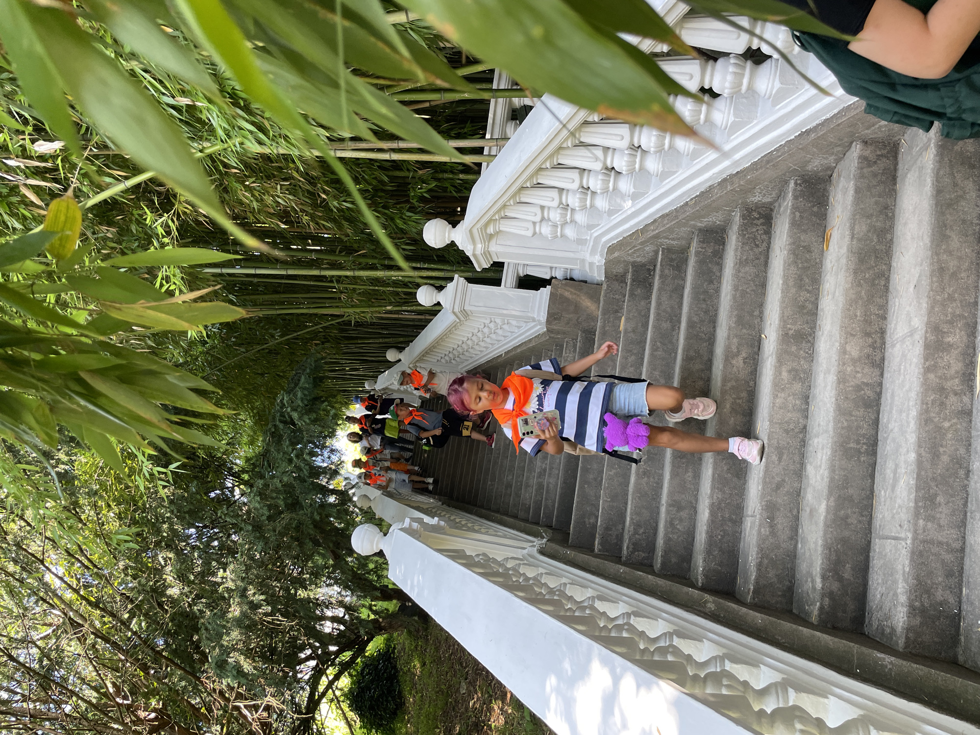 The image captures a group of children walking down a wide, ornate staircase in Sirius, Russia. The staircase is flanked by white balustrades and decorative posts, and a dense bamboo forest grows to the right of the stairs, with lush green foliage framing the scene. In the foreground, a young girl with pink-dyed hair is descending the stairs, holding a smartphone in her left hand and a purple plush toy hanging from her shorts. She is wearing a striped t-shirt, denim shorts, and pink sneakers, with an orange scarf around her neck. Behind her, other children, also wearing orange scarves, are following down the steps, some carrying backpacks. The overall impression is of a group on an outing or excursion in a scenic, park-like environment within Sirius.