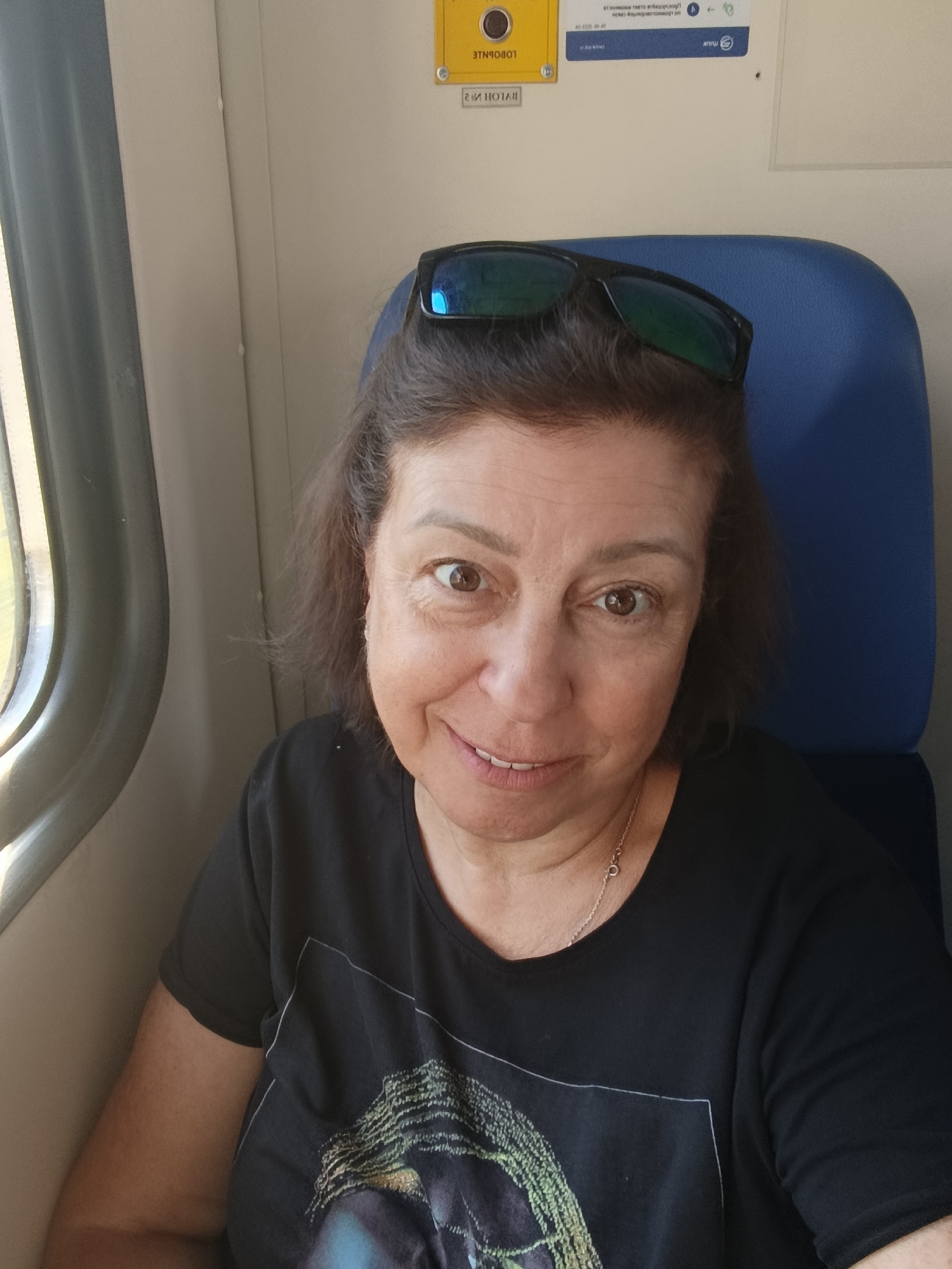 A middle-aged woman with brown hair and sunglasses perched on her head is seated in a train car. She is wearing a black t-shirt with a graphic print and a delicate silver necklace. The woman is looking at the camera with a slight smile. She is seated next to a window, and the interior of the train car, including a blue seat and a sign with Cyrillic text, is visible. The overall impression is a casual, candid shot of someone traveling. The location is not specified in the image.