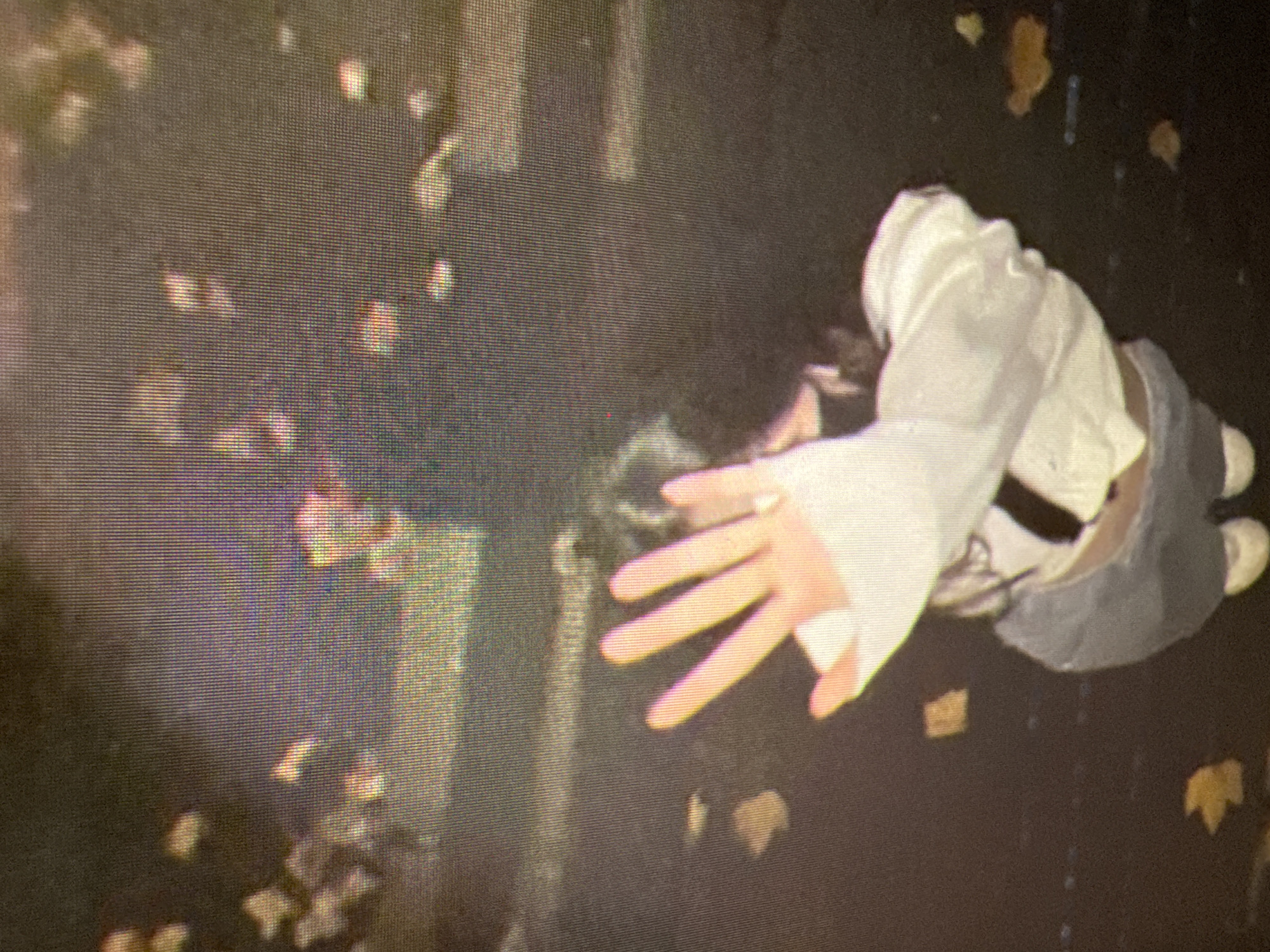 The image shows a person's hand raised in front of their face, obscuring their features. They are wearing a white long-sleeved shirt and grey pants. The person is standing on a dark surface, possibly pavement, with scattered yellow and brown leaves. In the background, there appears to be a dimly lit outdoor setting, possibly a street or park in Castelo Branco, Portugal, with a hint of vegetation and a blurred, indistinct figure in the distance. The overall image quality is poor, with a grainy and pixelated appearance.