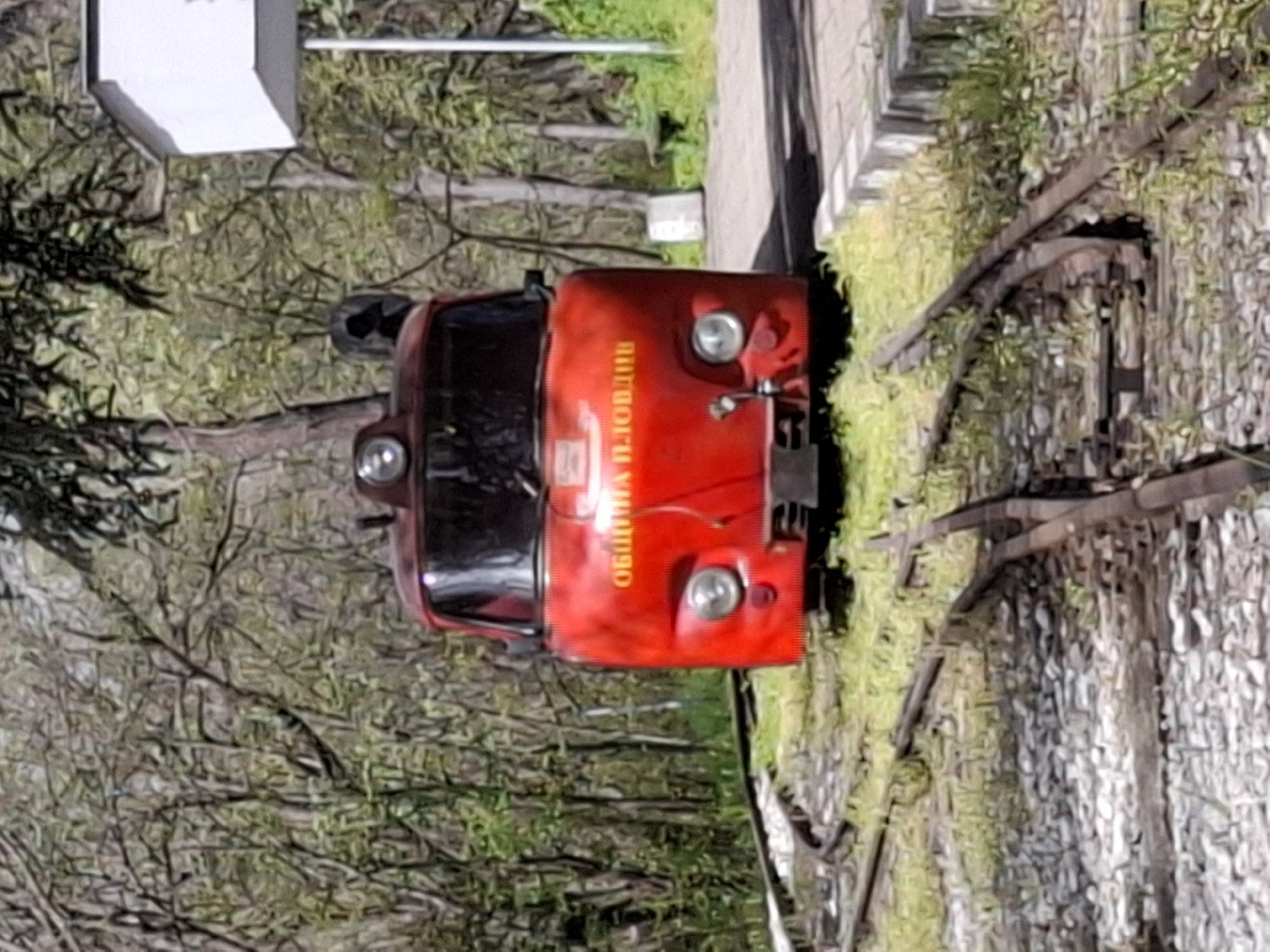 The image, captured from an overhead perspective and appearing rotated, depicts a small, bright red vehicle resembling a miniature train engine, positioned on narrow-gauge railway tracks. The vehicle is stationary, facing towards the right side of the frame in an upright orientation.
On the side of the red vehicle, text is visible in yellow Cyrillic letters: "ОБЩИНА ПЛОВДИВ." This translates to "Municipality Plovdiv," indicating the vehicle's association with the local administration of Plovdiv, Bulgaria. The front of the vehicle features two distinct circular headlights.
The railway tracks, constructed with wooden sleepers and gravel, run parallel to a paved path or platform that is visible to the right of the vehicle. The entire scene is set outdoors in a lush, green environment. Abundant trees and dense foliage dominate the background and surrounding areas, suggesting a park or wooded recreational area. A white, rectangular structure, possibly a sign or part of a building, can be seen in the upper left portion of the image.
The setting is clearly daytime, under bright and sunny weather conditions, which illuminates the scene evenly. There are no people visible, and the overall atmosphere conveyed is peaceful and recreational. The miniature train and tracks strongly suggest a facility designed for leisure or tourism within a park in Plovdiv.
