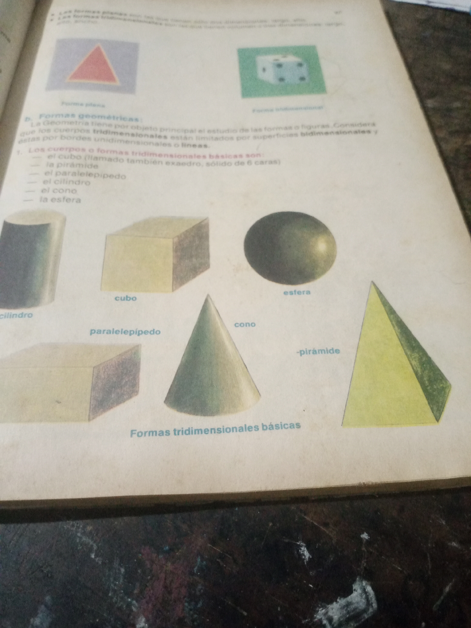 The image shows a page from a book with educational content about geometric shapes. The page is divided into sections that discuss "Formas planas" (plane shapes) and "Formas geométricas" (geometric shapes), focusing on "Formas geométricas" and specifically "Los cuerpos o formas tridimensionales básicas" (basic three-dimensional bodies or shapes).
The top portion of the page displays two examples of plane shapes: a red triangle within a purple square and a white cube with black dots (resembling dice) within a green square. Below these, the text explains that geometry primarily studies shapes and figures, considering them as boundaries formed by one-dimensional edges or lines.
The main part of the page is dedicated to illustrating and naming basic three-dimensional shapes. These include:
- A cylinder, labeled "cilindro".
- A cube, labeled "cubo".
- A rectangular prism, labeled "paralelepípedo".
- A sphere, labeled "esfera".
- A cone, labeled "cono".
- A pyramid, labeled "-pirámide".
At the bottom of the page, the heading "Formas tridimensionales básicas" is visible. The page appears to be well-lit, and the text and illustrations are clear, though there is some glare and shadowing present. The background of the image is a dark, textured surface, possibly a table. The context of Santa Ana, Venezuela is not present in the image.
