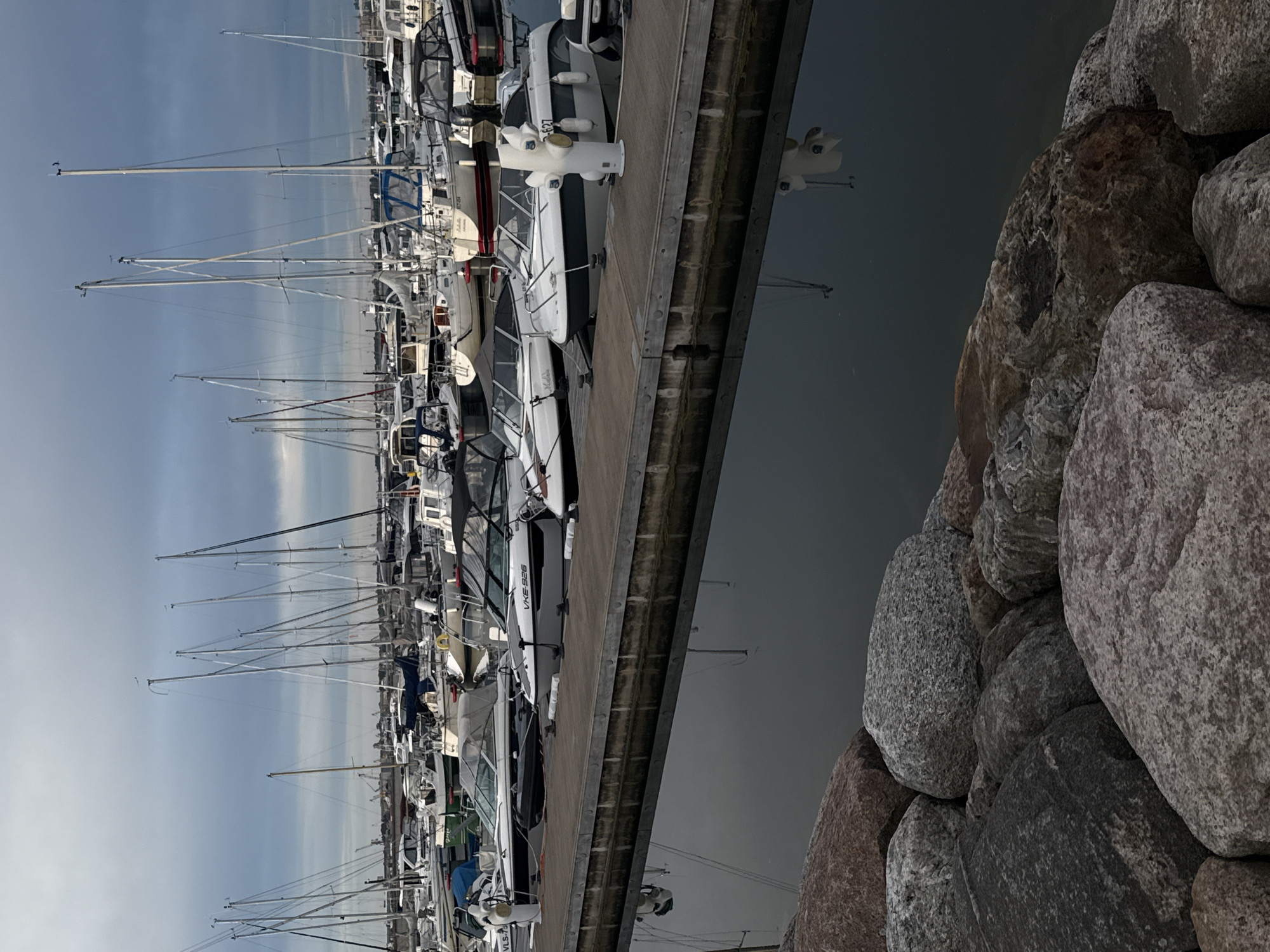 The image depicts a marina in Tallinn, Estonia, under a cloudy sky. Numerous sailboats and motorboats are moored along a wooden dock, their reflections visible in the still water. The foreground is filled with large, rough rocks, suggesting a breakwater or natural shoreline. The overall atmosphere is serene, with the muted colors of the boats and the overcast sky contributing to a tranquil, almost somber mood.