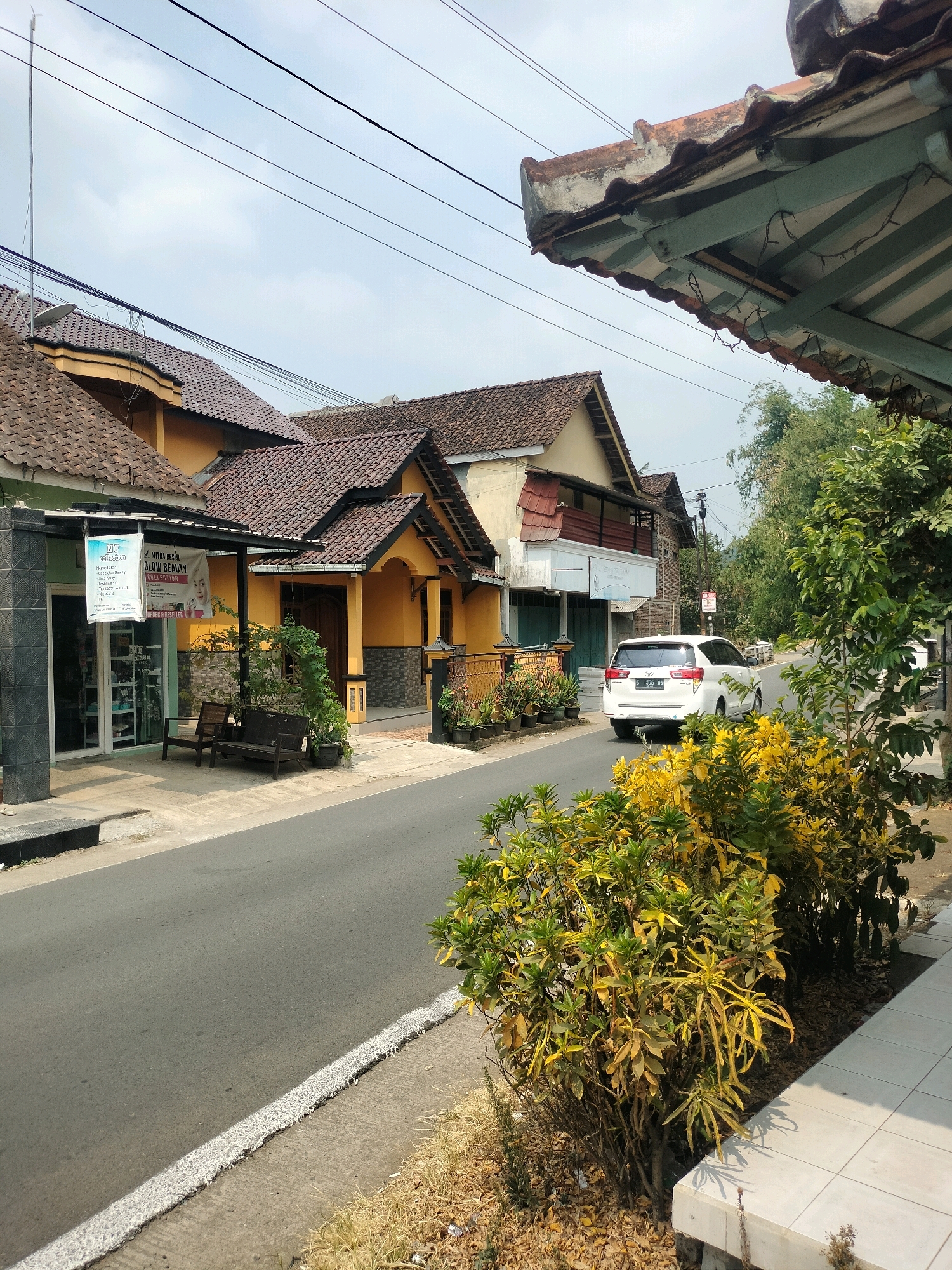 The image depicts a street scene in Pujut, Indonesia, on a clear day. The perspective is from the sidewalk, looking across a paved road towards buildings and vegetation.
On the left side of the road, there are two storefronts. The first, on the far left, has a dark grey pillar and a glass-fronted entrance. A white sign is hanging above the entrance, featuring text and images. To its right is a yellow building with a tiled roof, a covered porch area with two wooden benches, and several potted plants. The second storefront has a dark blue door and a white sign above it.
The road is paved and grey, with a white line marking the edge of the sidewalk on the right. A white SUV is driving away from the camera down the road.
On the right side of the road, the sidewalk is tiled with white square tiles. In front of the sidewalk, there is dense green and yellow shrubbery. Beyond the shrubbery and the road, there are more buildings with tiled roofs and some trees. Overhead, power lines are strung across the sky. The sky is a light blue with some white clouds. The overall impression is that of a residential or commercial street in a tropical climate.
