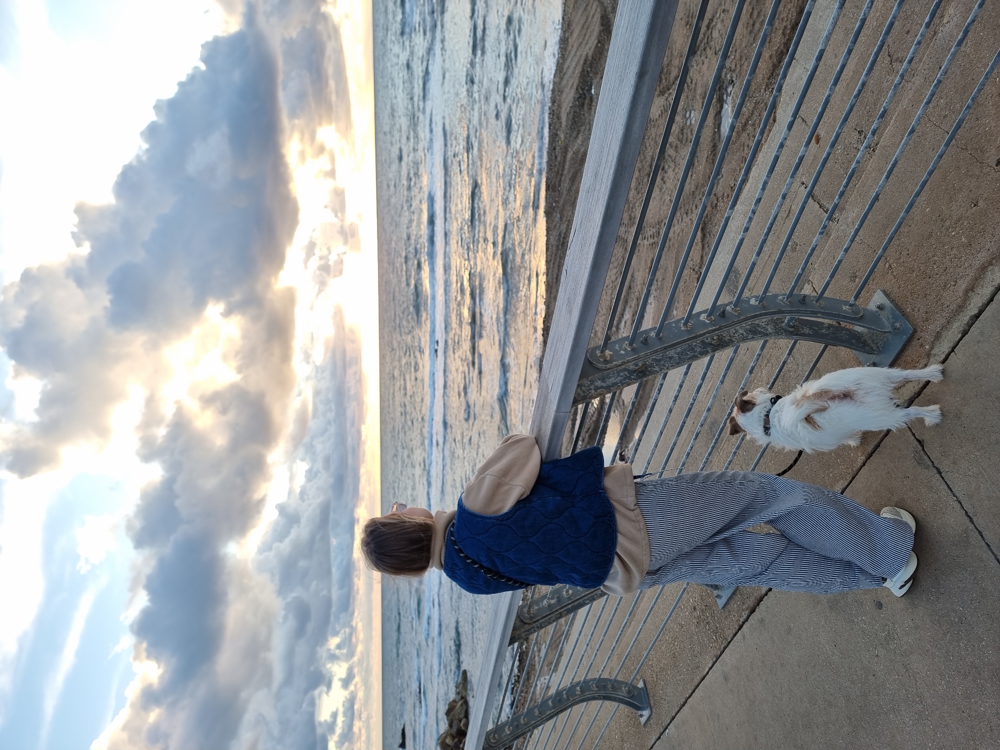 The image displays a coastal scene on the Tel Aviv promenade, Israel. The setting is illuminated by the low-angle light of a setting or rising sun, filtering through partially overcast clouds.
A lone individual is depicted from a rear perspective, standing on a concrete walkway and leaning with crossed arms on a gray metal and composite material railing. The individual wears a beige long-sleeved top, a dark blue quilted vest, and striped wide-leg pants (white with narrow blue vertical stripes), along with white athletic shoes. Sunglasses rest on top of their head. The individual observes the Mediterranean Sea.
Adjacent to the individual's left foot, a small, white dog with brown patches stands on the concrete promenade, facing the sea. The dog wears a dark collar and is tethered by a leash that extends towards the individual.
Beyond the railing, a narrow sandy beach is visible, showing minimal footprints and a small puddle. The Mediterranean Sea displays moderate wave action, with reflections of sunlight visible on its surface. Dark rock formations are present within the water on the left side of the frame. The sky above is largely covered with cumulus clouds, through which bright sunlight penetrates, particularly near the horizon.