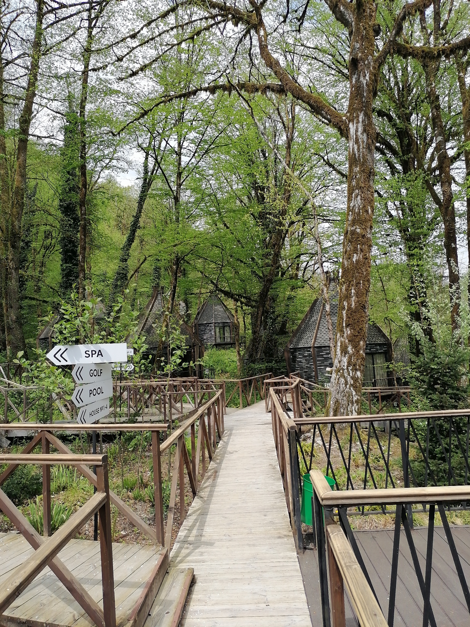 This image depicts a serene, forested resort or glamping site in Medoveevka, Russia, likely during springtime or early summer given the abundant, fresh green leaves on the trees. The main feature is a wooden boardwalk pathway with sturdy railings, winding through the dense woods. The path appears to split, with a section veering off to the left and another continuing straight ahead, possibly to different areas of the resort.
Several distinct, dark-colored cabins with steep, angular roofs are visible through the trees, blending into the natural surroundings. These structures appear to be guest accommodations, such as treehouses or unique woodland lodges. The forest itself is lush, with numerous trees featuring trunks heavily covered in green moss and some displaying striking white patterns on their bark.
A white directional signpost is prominently placed on the left side of the boardwalk. It features black arrows and text, guiding visitors to various facilities: "SPA," "GOLF," "POOL," and "HOUSE №1-4." A green trash can is partially visible near the railing on the right side of the path.
The scene is bathed in soft, diffused daylight, suggesting an overcast sky or dappled light filtering through the dense tree canopy. No people are visible, emphasizing the tranquil and secluded nature of the environment. The overall impression is one of peaceful retreat and natural beauty, offering amenities within a pristine forest setting.