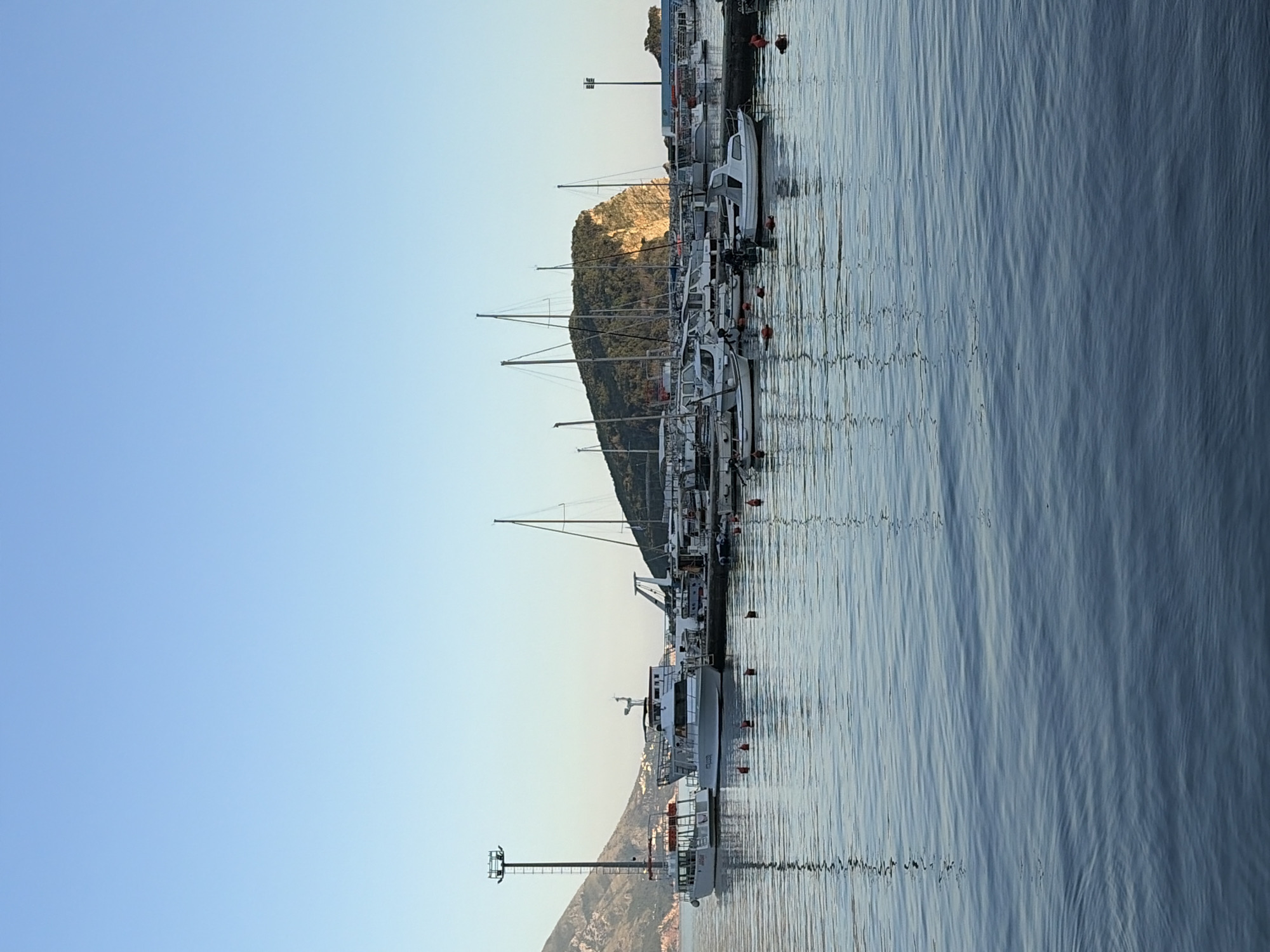 The image shows a harbor scene in Budva, Montenegro. A variety of boats, including sailboats and motorboats, are moored in the water, lining a pier. The water is calm with subtle ripples. In the background, a tree-covered hill rises, with structures on the right. The sky is clear and blue, with a slight gradient. There are no people visible in the image. The lighting suggests it is either early morning or late afternoon.
