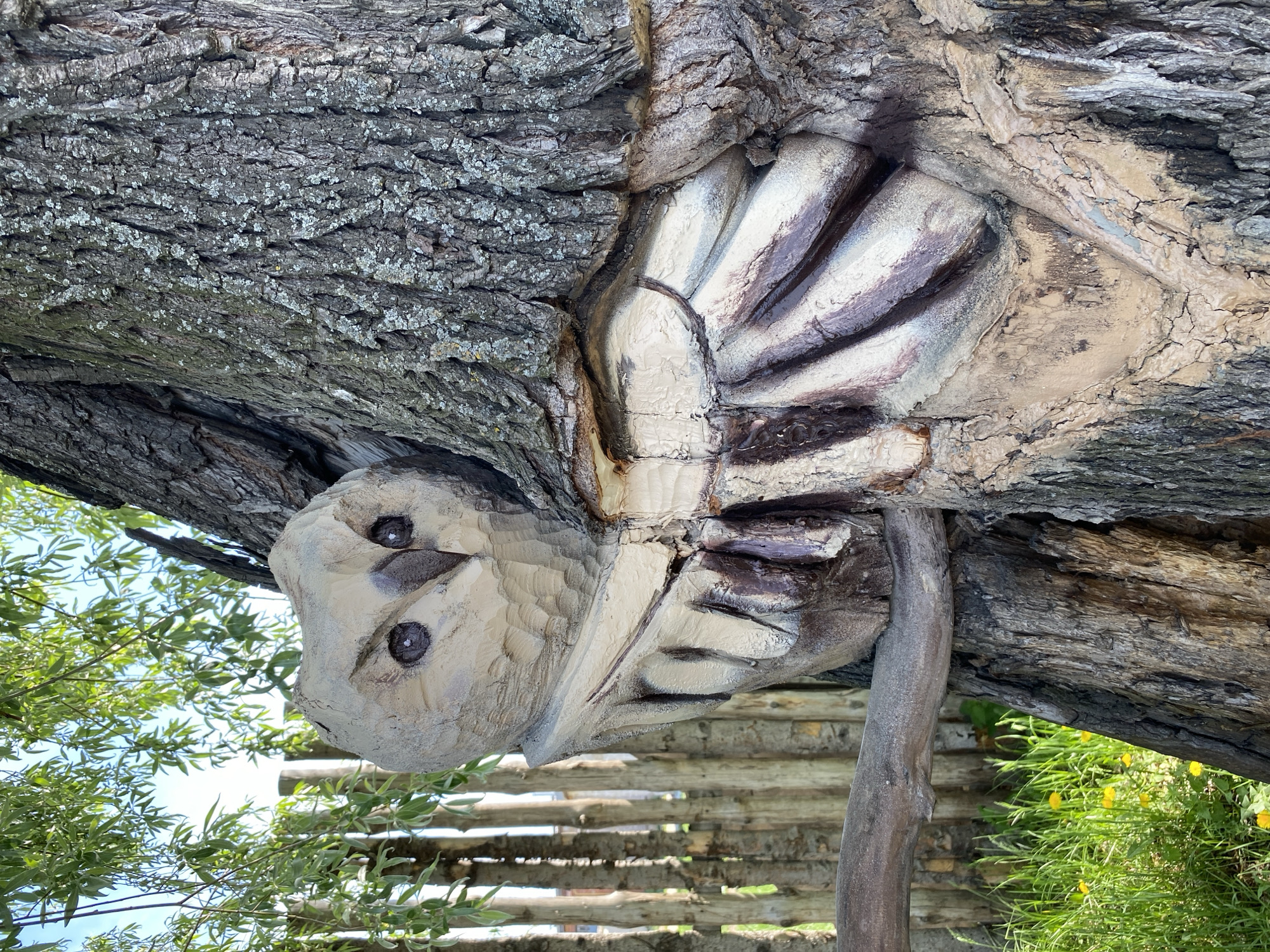 A carved wooden owl is attached to a tree branch in Chaikovsky, Russia. The owl head faces down, and its eyes are dark circles. Behind the owl, the tree has been carved to resemble feathers or wings. The tree bark is textured and grey. In the background, there is a wooden fence, green vegetation, and yellow flowers. The sky is visible through the leaves.