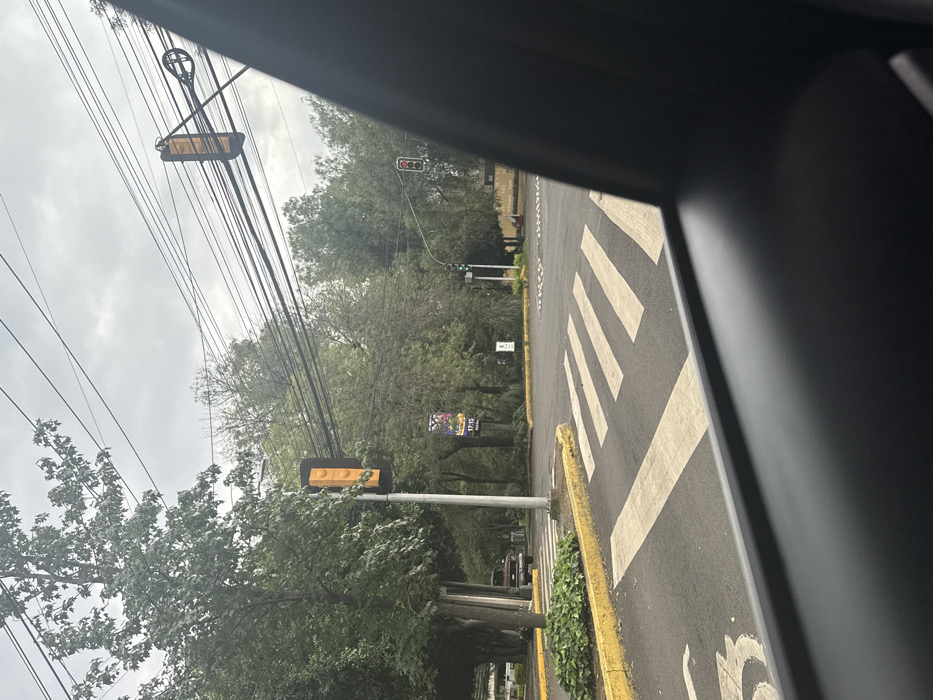 The image depicts an overcast daytime street intersection, viewed from inside a vehicle, in Mexico City, Mexico, specifically near the Centro Libanés. The asphalt road features a white-striped pedestrian crosswalk and yellow-painted curbs delineating a central island with green shrubs. Two vertical traffic lights are visible: one on the left displaying a yellow signal, and another on the far right displaying a red signal. A horizontal overhead traffic light also displays yellow. Numerous overhead power and communication lines crisscross the sky. Dense green trees line both sides of the road and form the background. A dark pickup truck is visible on a side road or driveway to the left. A large vertical banner advertising "CENTRO LIBANÉS" and "Festival Libanés" with the text "17:15" is positioned on the right side of the intersection. No individuals are visible.
