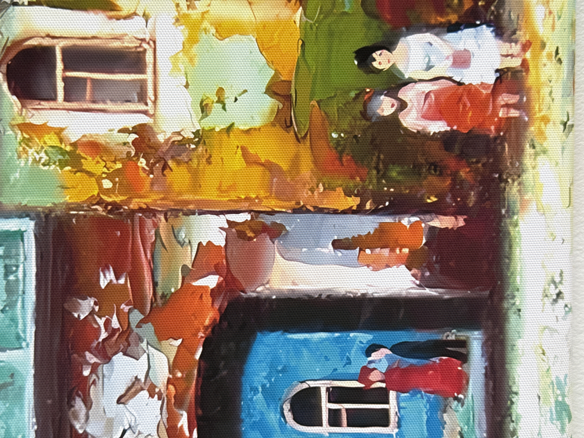 The image appears to be a detail of a painting depicting a city scene. The style is impressionistic or somewhat abstract, with visible brushstrokes. Buildings are visible, painted in vibrant colors of yellow, orange, red, and blue. There are windows on the buildings, and some appear to have people standing near them. The overall composition suggests a lively, urban landscape. The subject of the painting is a city scene with elements such as buildings and people rendered in an expressionistic style. It does not provide enough context to determine its relation to Izhevsk, Russia.