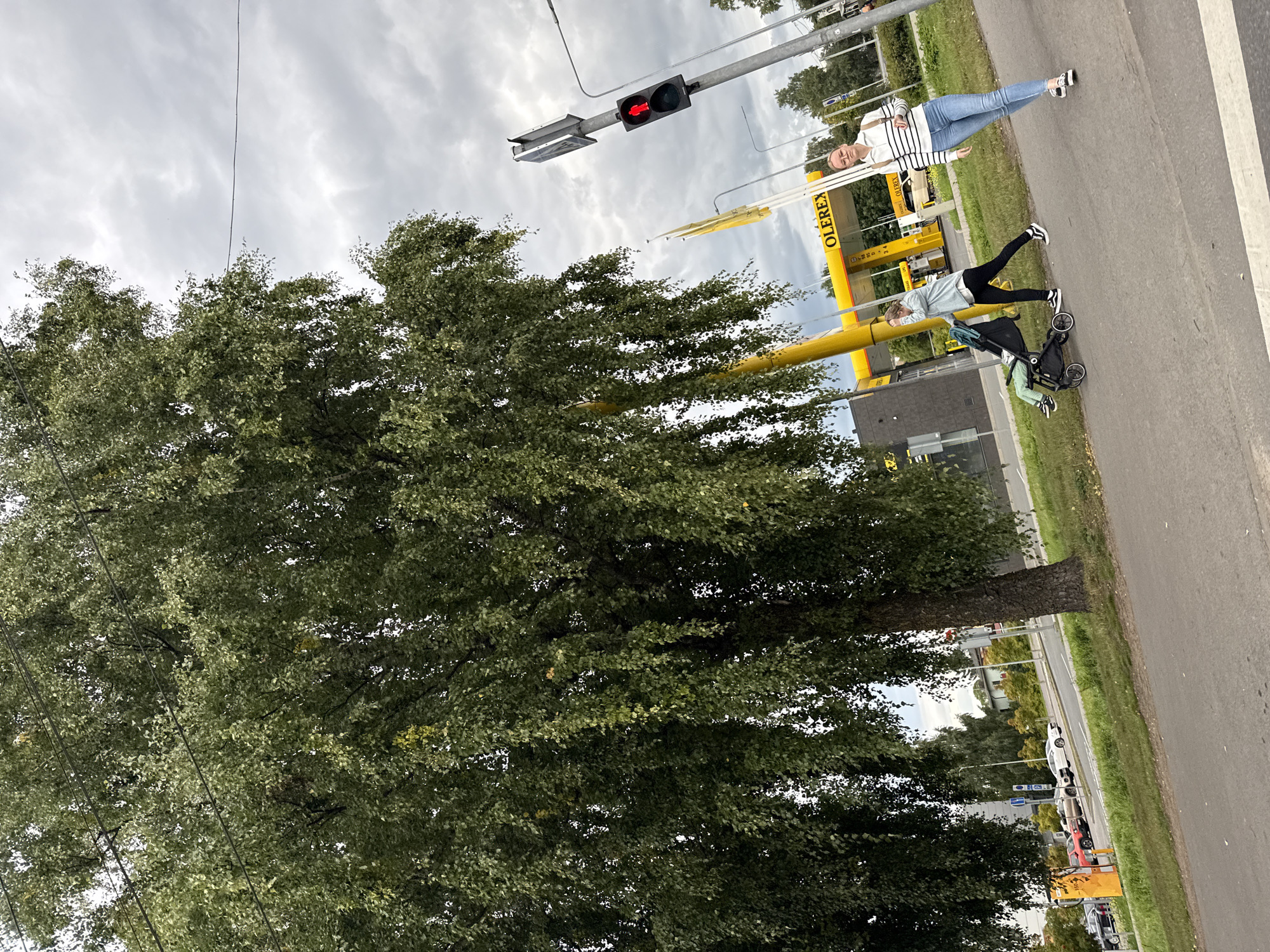 In Tallinn, Estonia, on a cloudy day, a tall birch tree with drooping branches dominates the left side of the frame, its leaves green and full. A paved pedestrian walkway runs diagonally across the lower portion of the image. To the right of the tree, a woman with blonde hair pulled back is pushing a stroller with a child. She wears a light blue jacket over a white top and black pants. Next to her and slightly to the right, a woman with blonde hair, wearing a striped long-sleeve shirt and blue jeans, walks with a backpack. She is looking towards the camera. In the background, a bright yellow Olerex gas station with its branding is visible. Traffic lights are also present, with a red pedestrian signal illuminated. Cars are parked and driving on a road behind the walkway. The ground is a mix of asphalt and green grass. The sky is overcast with grey clouds.