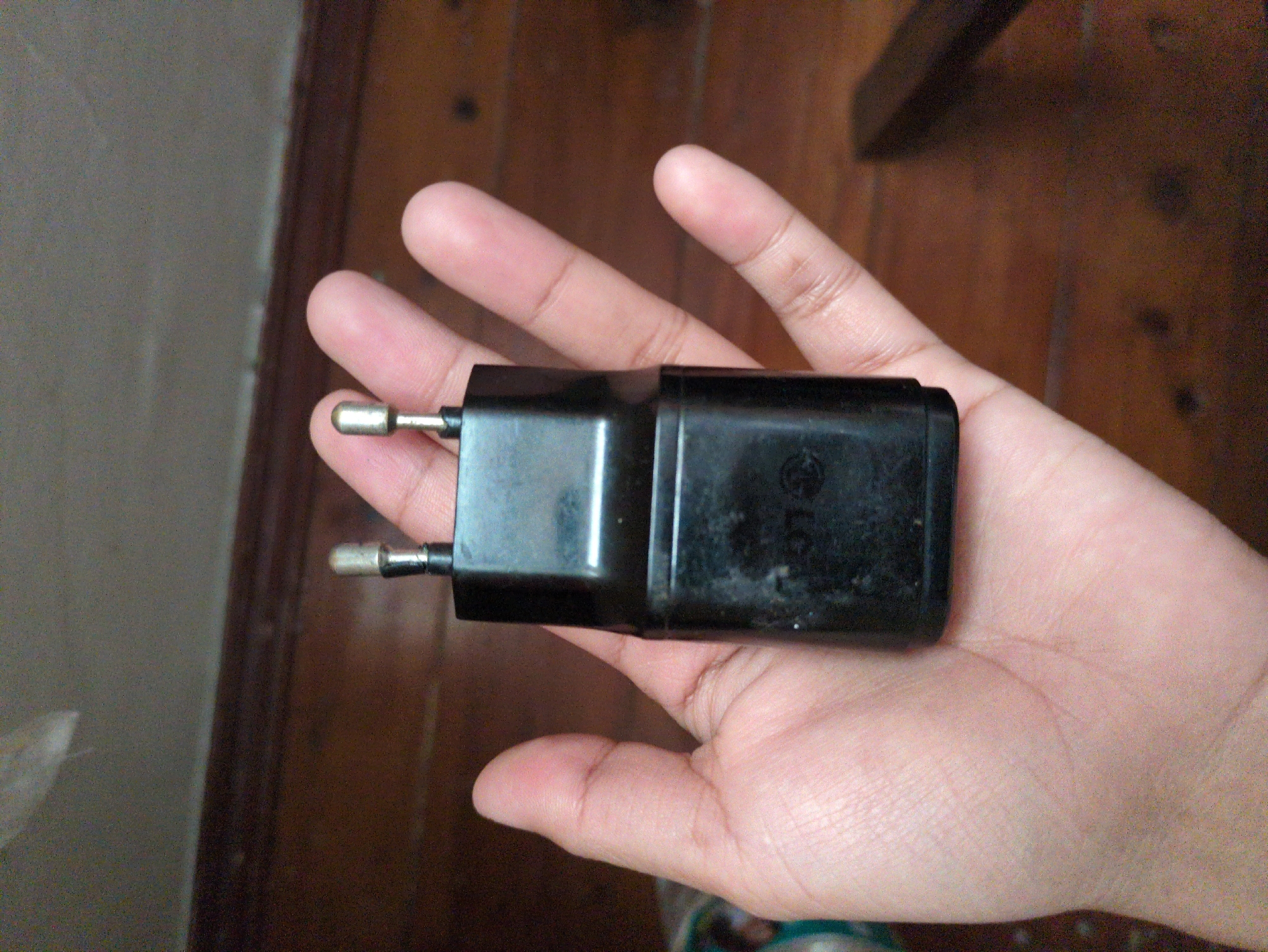 A person's hand is holding a black LG brand electrical adapter with two metal prongs. The adapter is positioned in the center of the image, with the prongs pointing upwards. The background consists of a wooden floor and a wall, suggesting an indoor setting. There is no indication of the city of Haini, India, or any specific location within it.