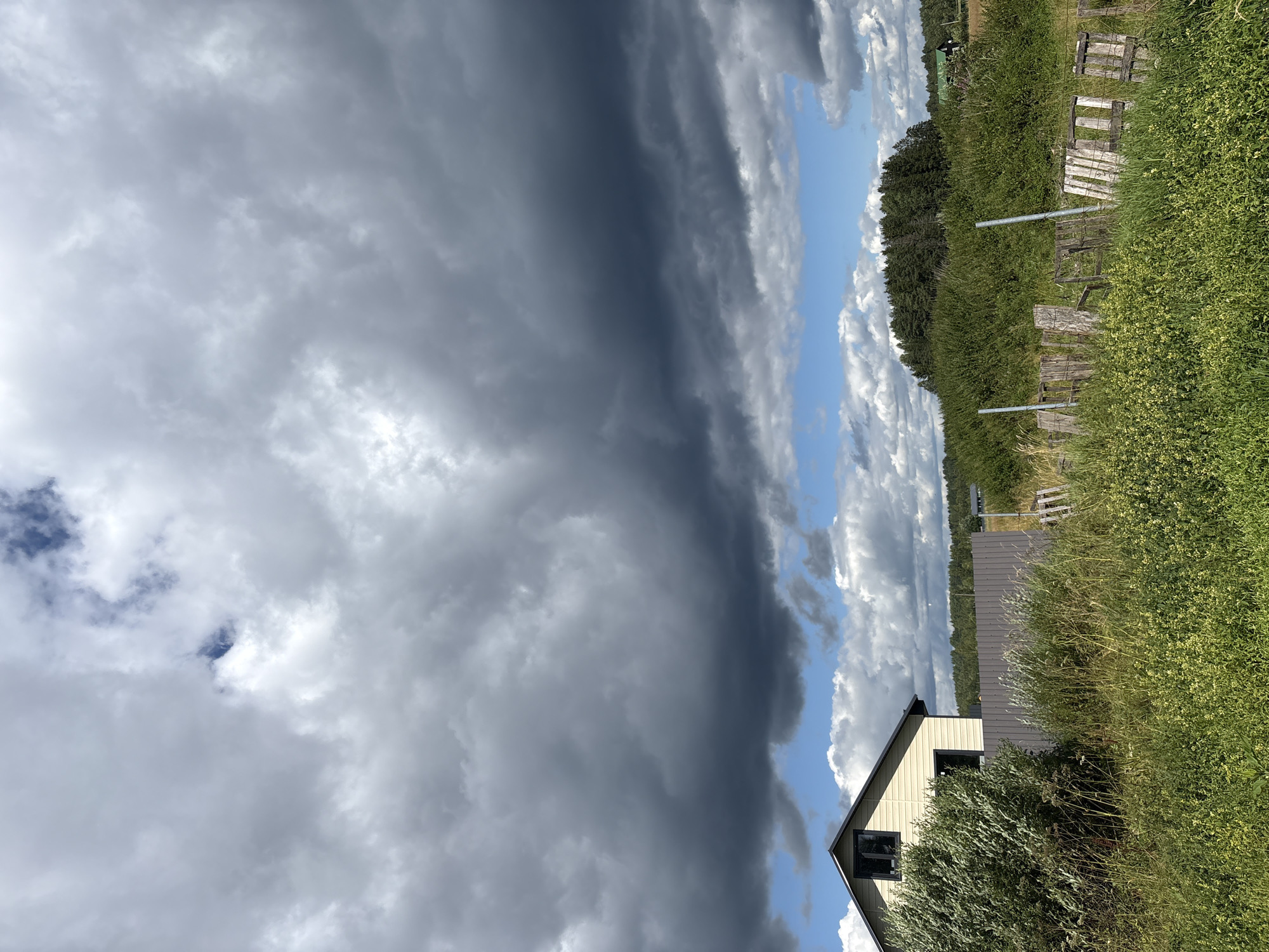 In the city of Lyady, Russia, a photograph captures a pastoral scene under a dramatic sky. The foreground is dominated by lush green grass and a low, rustic wooden fence. Beyond the fence, a grey metal barrier runs horizontally. To the left, a two-story house with beige siding and a dark roof is partially obscured by a dense green bush. The house has dark-framed windows. In the middle ground, a hill covered in dense green trees stretches across the horizon, with a hint of farmland and another building visible to the far right. The sky above is a mix of bright blue patches and heavy, dark grey storm clouds.