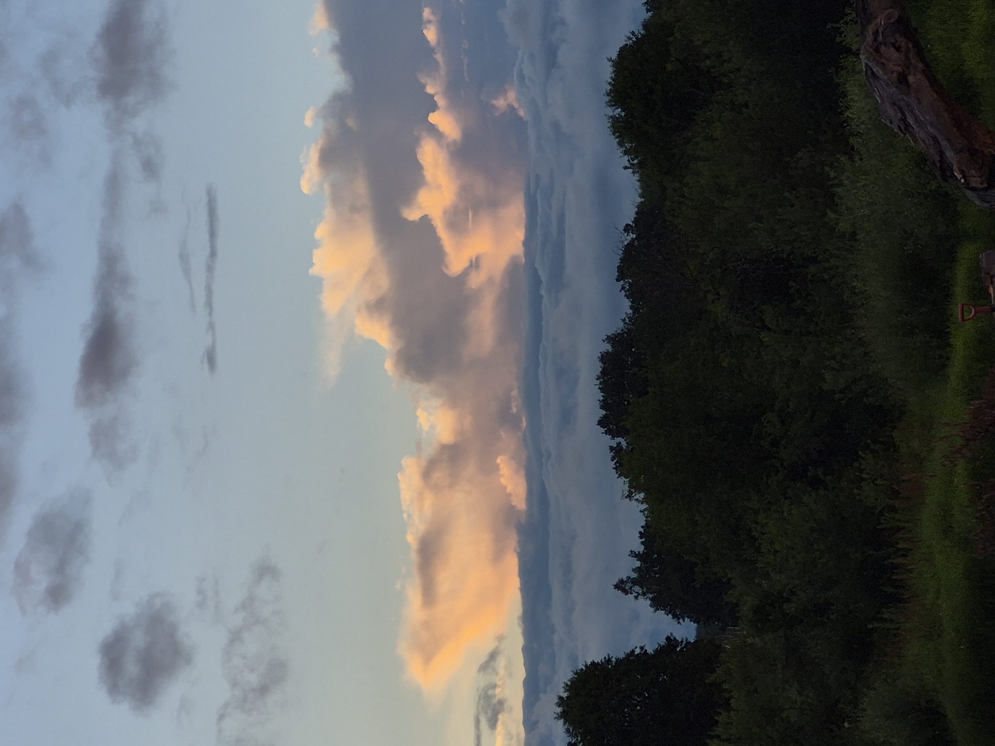 An outdoor shot of the sky over Sooblase, Estonia shows a sunset with dramatic clouds. The clouds range from pale pink to a deep gray, with some illuminated by the setting sun. The sky itself is a gradient of soft blues and pale oranges. Below the clouds, the tops of dark green trees are visible, forming a dense line across the horizon. The foreground consists of more dark green foliage and some patches of lighter green grass. A large, weathered log lies diagonally in the lower right corner of the frame, and a small red shovel is partially visible in the lower center. The overall impression is one of natural beauty at dusk.