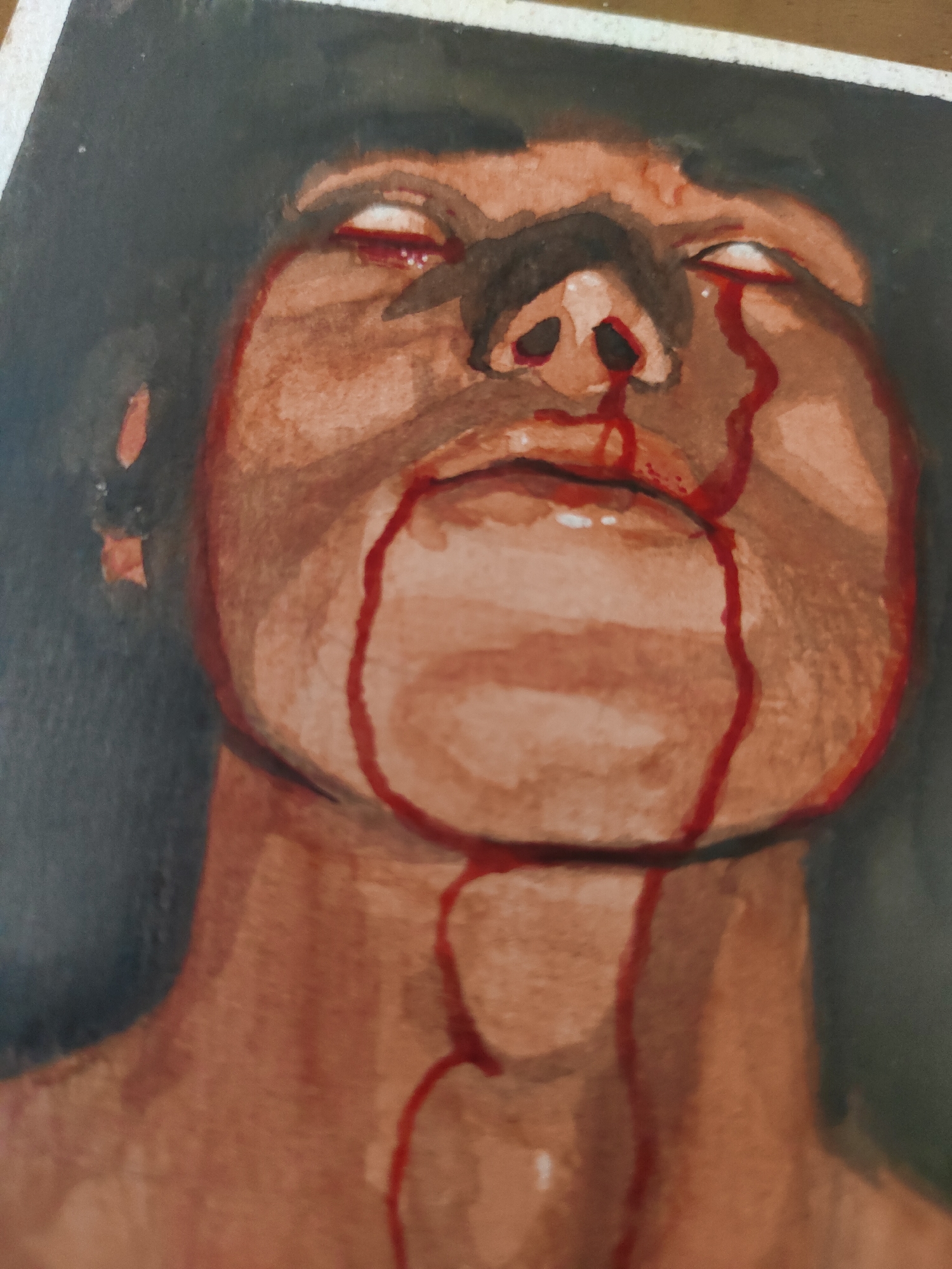 A watercolor painting depicts the head and upper neck of an individual with medium-dark reddish-brown skin, oriented with the head tilted sharply backward and the face looking upwards. Both eyes are rolled back, displaying predominantly white sclera with red streaks visible in the eye sockets. Dark red liquid, consistent with blood, flows in distinct streams from both eyes, tracing paths down the cheeks. Additional blood drips from the nostrils, flowing over the philtrum and upper lip, and into the slightly parted mouth. Multiple rivulets of blood continue down the chin, jawline, and throat, spreading onto the neck. The individual's hair is dark, blending into a uniformly dark grey or black background. The upper edge of the painting shows an unpainted border. There is no discernible specific location in the city of Unknown, Unknown, as this is an artistic rendering and not a photographic record of a real-world scene.
