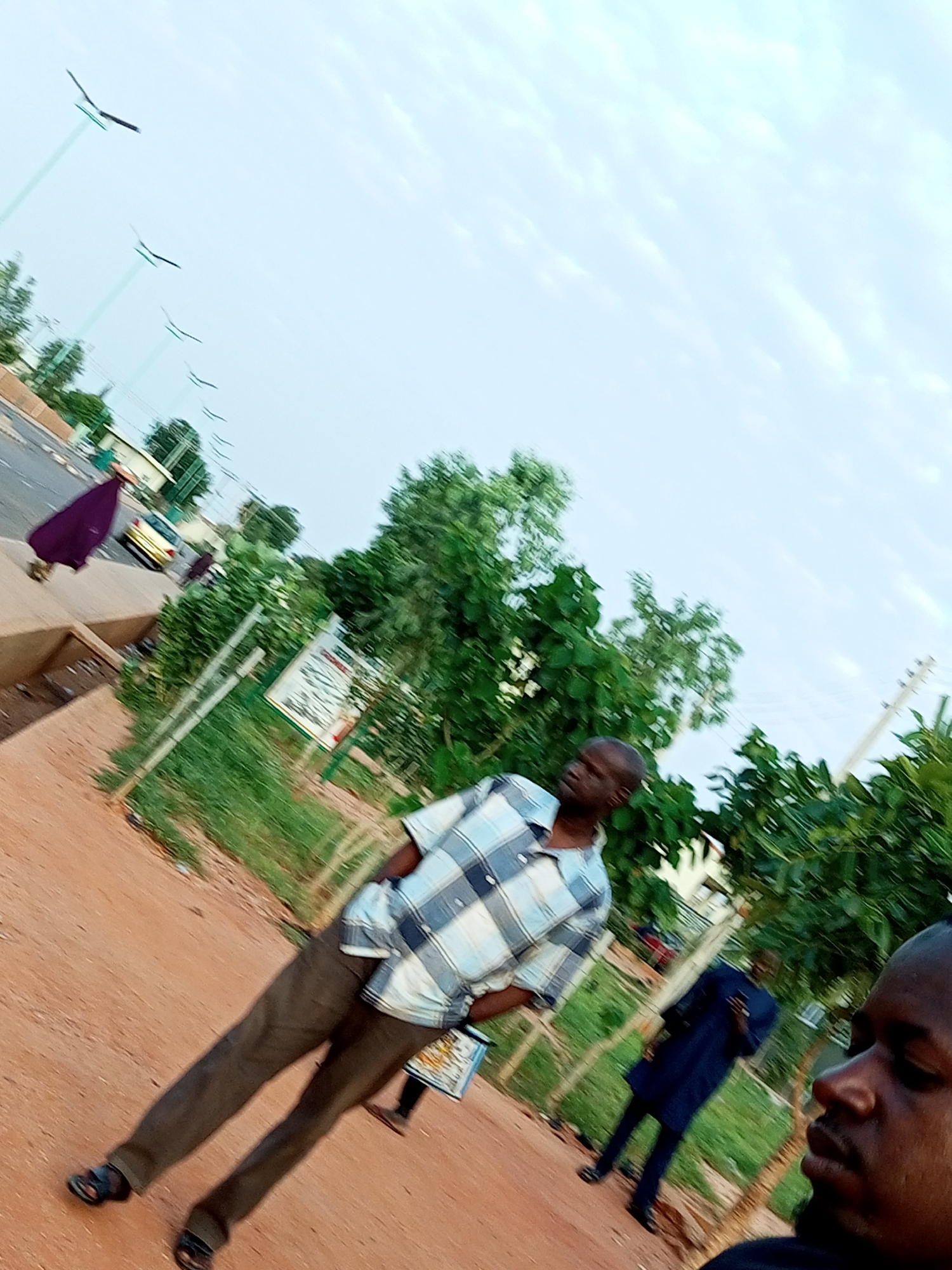 The image, taken in Gombe, Nigeria, depicts an outdoor scene with several individuals and elements of urban infrastructure. The photograph is angled, with the ground and sky tilted. In the foreground, a person is partially visible, facing right and looking slightly upwards, with their head and shoulder in the frame. They appear to be wearing dark clothing.
Further into the scene, a man wearing a blue and white checkered shirt and dark trousers is standing and looking to the left. He has his hands in his pockets. Behind him and to his right, another person in a dark blue traditional outfit is visible. To the left of the checkered-shirted man, a woman in a purple garment is walking away from the camera. In the background, a yellow car is parked on a road, and several streetlights with distinctive angled tops line the street. Lush green trees and vegetation are present throughout the scene, with some grass and dirt ground cover. A white sign with some text is also visible in the middle ground. The sky is overcast with some textured cloud formations.
