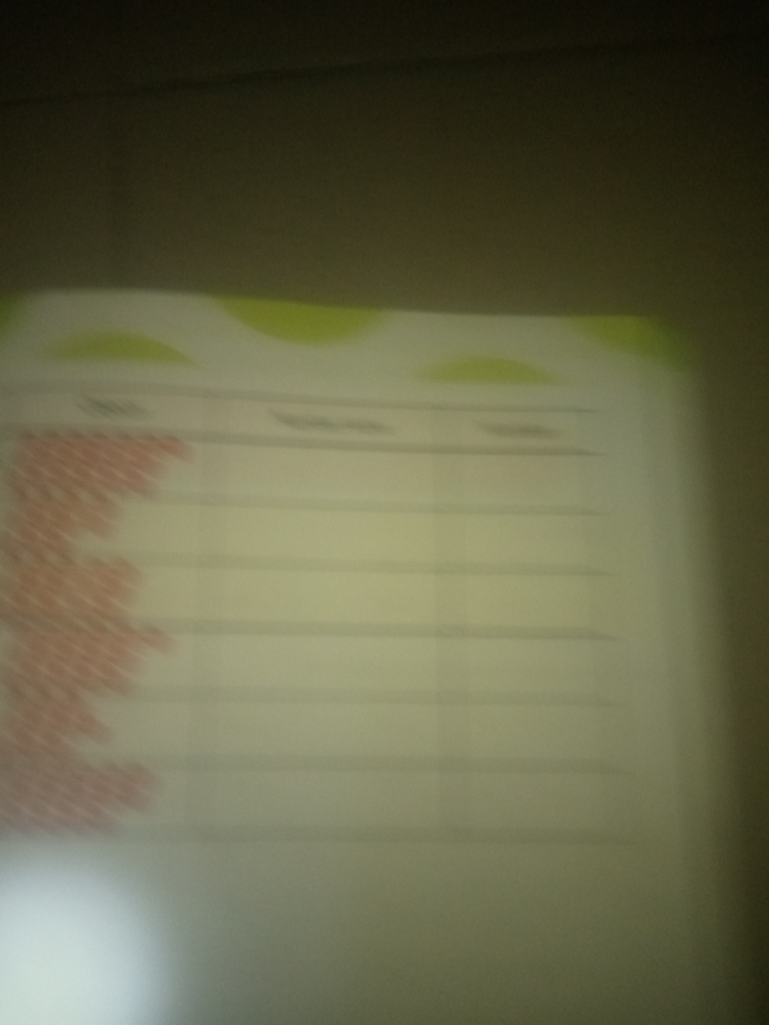 The image shows a blurred close-up of a notebook with horizontal lines. Some text is visible at the top of the page, with the words "Date," "Time," and "Location" appearing to be column headers. Below these headers, there are rows of what appear to be handwritten entries, predominantly in red ink. The notebook page is mostly white, with some subtle green wavy patterns at the top edge. The overall image is out of focus, making it difficult to discern specific details of the writing or any people present. The lighting is dim, and a bright light source is creating a glare in the bottom left corner. There is no discernible information within the image to suggest the location is Jauro Yinu, Nigeria.