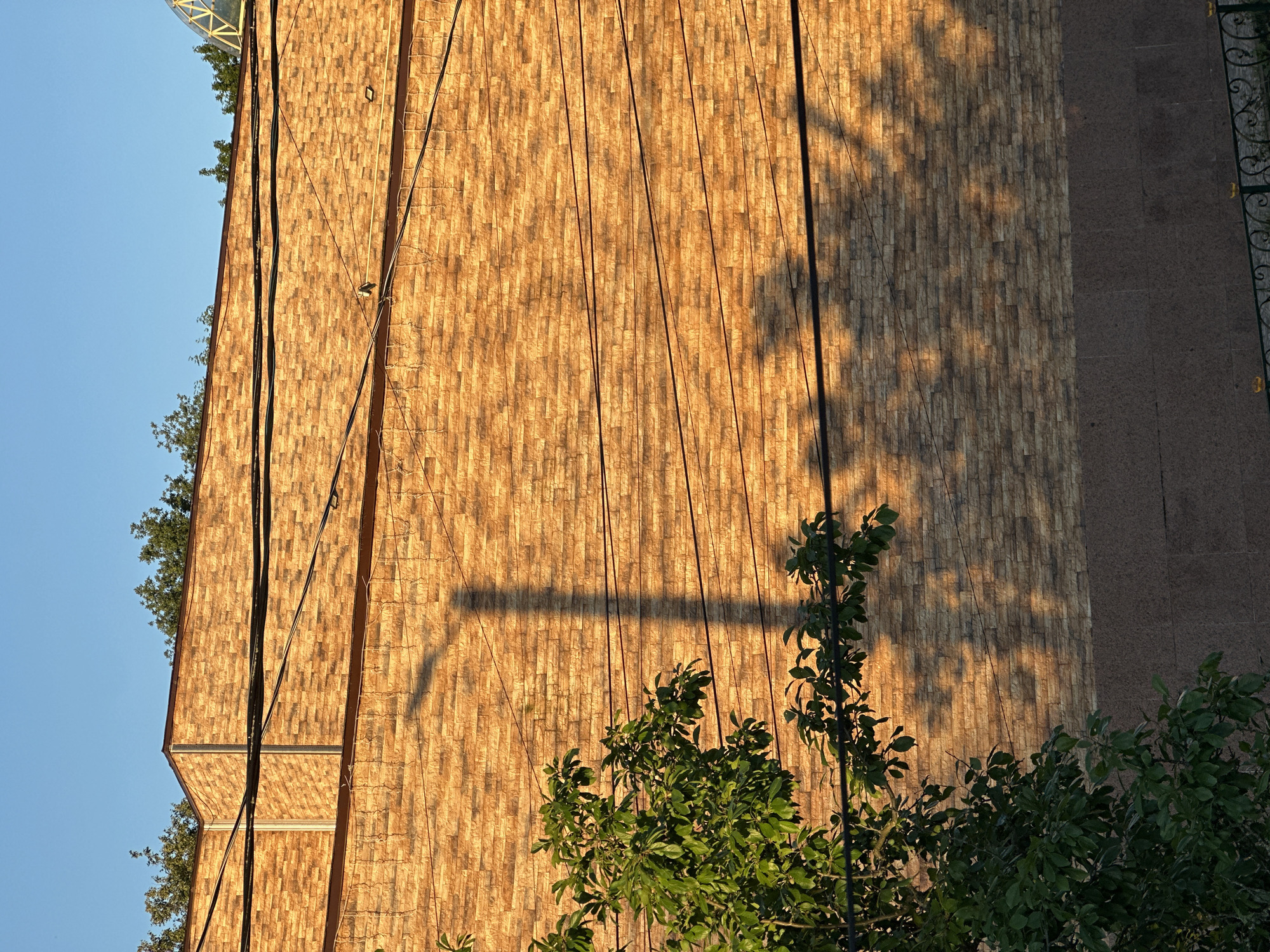 The image depicts a sunlit brick wall in Nizhny Novgorod, Russia. The wall is constructed from small, rectangular, tan-colored bricks arranged horizontally. A dark shadow of a streetlight falls vertically across the wall, extending from the upper left portion of the frame downwards. Several dark power lines are strung horizontally across the wall, varying in height and angle. In the lower left corner, a portion of a leafy green tree is visible, casting dappled shadows onto the wall. The sky above is a clear, light blue, indicating daytime. The lower part of the image shows a darker, textured surface, possibly a lower wall or pavement, with a decorative dark green metal railing at the very bottom. The overall scene is an outdoor urban environment illuminated by natural sunlight.
