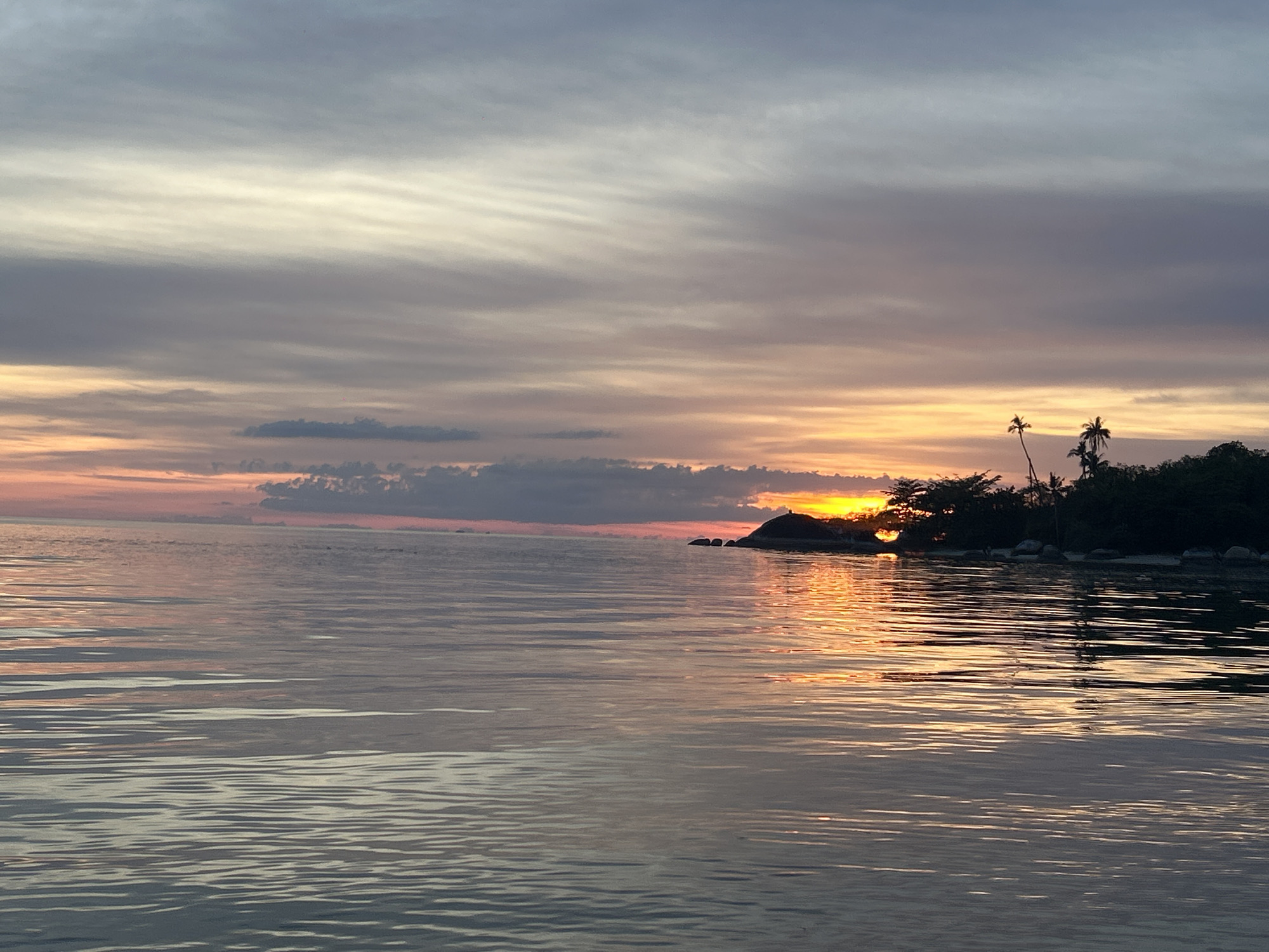 A serene sunset scene unfolds over the tranquil waters of Ko Phangan, Thailand. The sky is a canvas of soft, blended colors, transitioning from a pale, almost white hue at the top to delicate pinks and oranges near the horizon. Streaks of grey and lavender clouds are scattered across the sky, some appearing wispy and others more defined. The sun, a bright orb of orange, is partially obscured by a small, dark landmass on the right side of the frame, casting a warm, golden reflection on the gently rippling surface of the sea. Silhouetted against the vibrant sky, a dark treeline with a few palm trees stands along the shoreline. The water itself is calm, with subtle ripples creating a shimmering texture that reflects the colors of the sunset. The overall atmosphere is peaceful and tranquil.