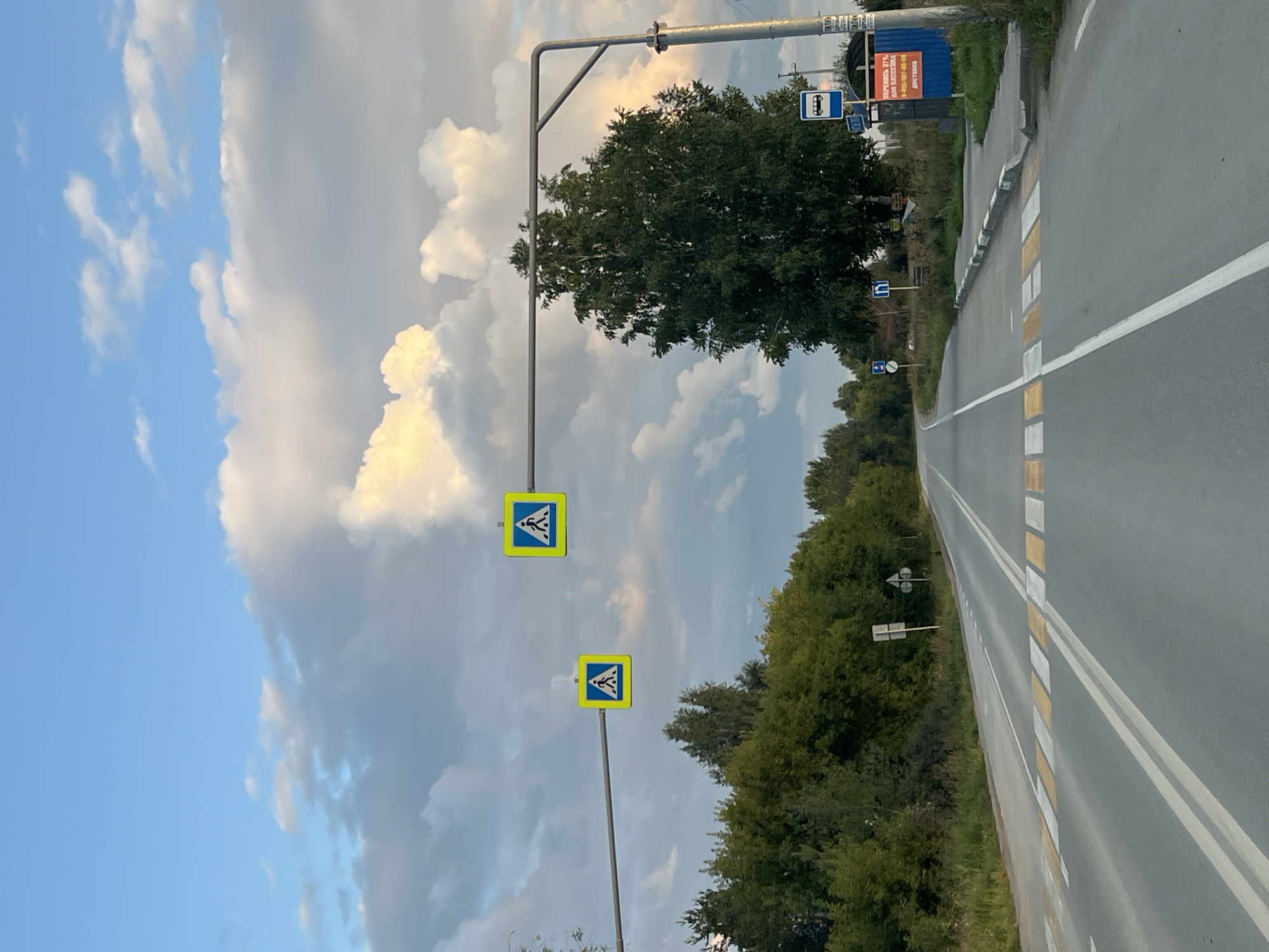 The image depicts a road in Mochishche, Russia, likely during daytime with overcast skies and scattered clouds. The road is paved and has double white lines marking the lanes. A pedestrian crossing, indicated by yellow and white stripes, is clearly visible in the foreground.
On the left side of the road, a dense line of green trees forms the background. On the right side, a tall, leafy tree stands prominently, and a bus stop structure with blue signage is present. There are two pedestrian crossing signs with blue backgrounds and white pedestrian silhouettes mounted on a metal pole above the road. One sign is to the left, and the other is to the right, closer to the bus stop.
Further down the road, there are additional road signs, including what appears to be a blue sign with a white curve indicating a turn or road direction, and another white rectangular sign. A blue advertisement board with Russian text is also visible near the bus stop. No people are visible in the image. The overall scene suggests a rural or suburban road environment.