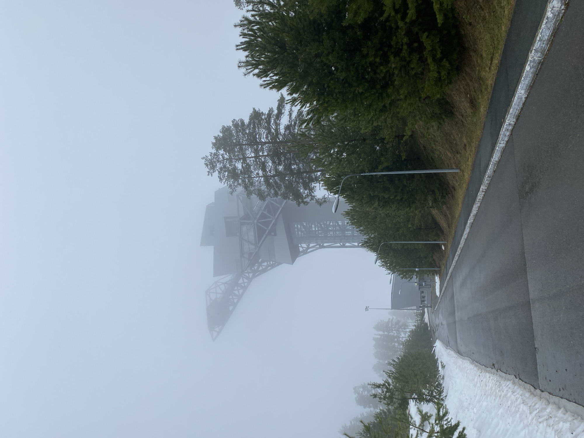The image depicts a foggy scene in Прикамский, Russia. A large metallic structure, possibly a crane or tower, is partially obscured by the fog on the left side of the frame. A paved road runs along the right edge of the image, bordered by a line of trees and shrubs. Snow is visible along the lower right side of the road. Streetlights are positioned along the road. The overall scene conveys a sense of isolation and atmospheric obscurity.