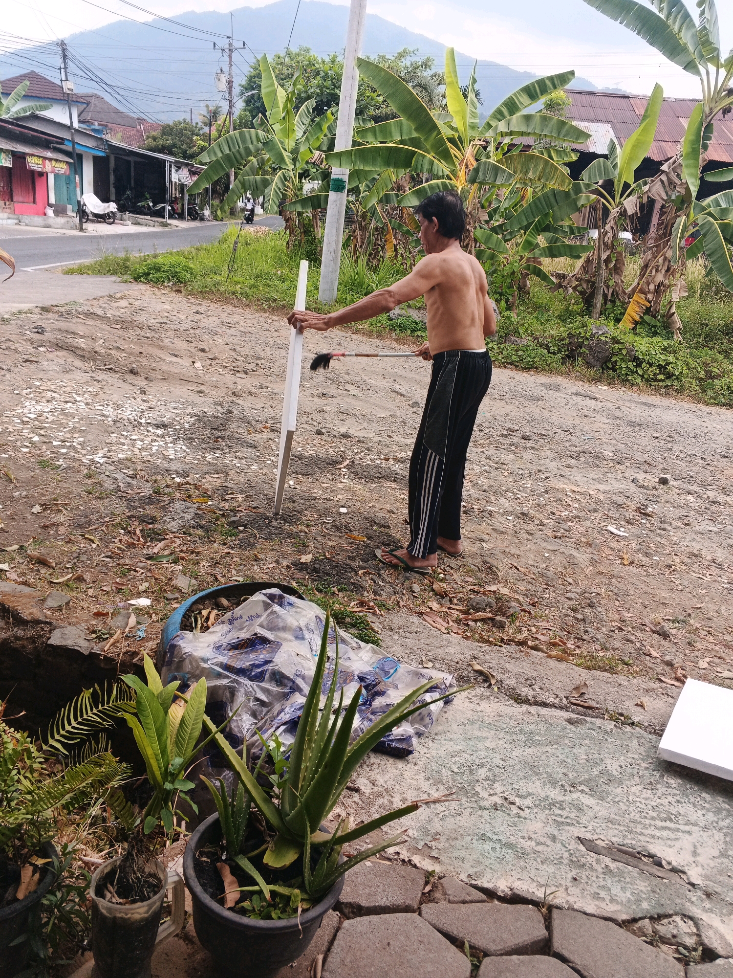 In Ungaran, Indonesia, a shirtless man stands outdoors, wearing black track pants and flip-flops. He is in the process of cleaning a white, rectangular object, possibly a piece of wood or plastic, with a brush attached to a long stick. The man is positioned on a dirt path with scattered debris. Behind him, banana trees are abundant, with their characteristic large leaves. In the background, a road is visible with several buildings lining one side, and a few motorcycles are parked. The scene suggests a roadside environment with a mix of natural and man-made elements.