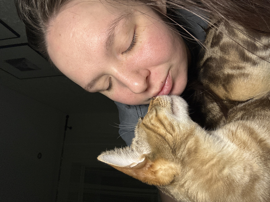 The image displays a close-up scene featuring a female human and a domestic cat engaged in an affectionate interaction within a dimly lit indoor environment. The female's face, positioned on the right side of the frame, shows closed eyes and lips puckered in a kissing gesture, pressed against the cat's head. She has a light complexion and dark hair visible on the right and lower right, wearing what appears to be a dark-colored garment. The cat, occupying the left side of the frame, has short, tawny fur with subtle darker tabby markings. Its head is in profile, with closed eyes, and its muzzle is in contact with the female's lips. A prominent, erect ear is visible on the cat's head. Part of the cat's body, exhibiting similar tabby patterns, is visible beneath the female's hair at the bottom of the frame. The background is dark, revealing minimal details: a faint light-colored vertical structure (possibly a window frame) in the upper left, a dark recessed light fixture on the ceiling, a horizontal rod further back, and partial views of two framed items on a wall in the upper right. The specific location within the city of Chaikovsky, Russia, is not discernible from the visual information presented.