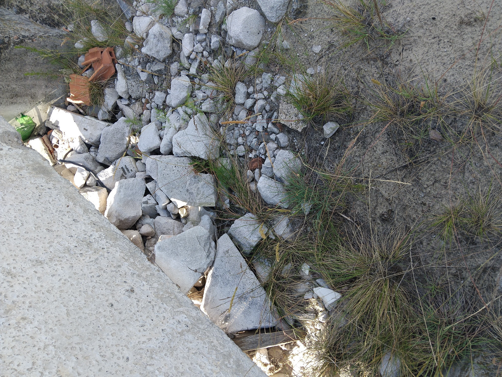 This is a close-up, overhead shot of a debris-strewn ground. The scene is dominated by broken concrete pieces, some large and angular, others small and gravel-like, interspersed with dry, straw-colored grass and a few patches of green vegetation. In the upper left quadrant, a few red brick fragments are visible amongst the concrete. A hint of a green plastic object can be seen near the bottom left edge of the frame, partially obscured by debris. The ground appears to be a mix of dirt and sand. The lighting suggests it is daytime, with the sun casting distinct shadows on the concrete fragments, indicating bright weather. The overall impression is one of disarray and neglect, possibly a construction site or an area affected by demolition. There is no discernible text in the image. The location context is Kyiv, Ukraine.