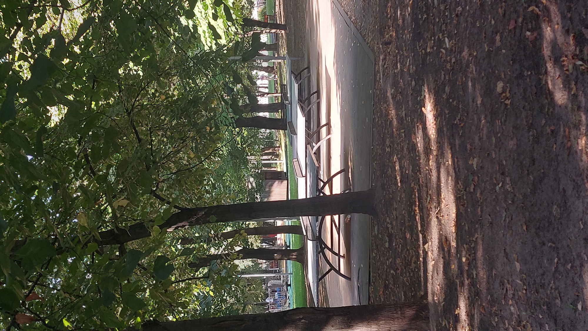 This image depicts an outdoor park setting, likely a recreational area within a city. The foreground features a dirt path covered with fallen leaves, casting dappled shadows from overhead trees. In the midground, several concrete ping pong tables are arranged on a paved surface, some with net structures. Behind the ping pong tables, more trees form a dense canopy, with sunlight filtering through the leaves. In the background, a playground structure is visible, along with a small wooden shed and other park amenities such as benches. The presence of trees, playground, and recreational tables suggests this is a public park designed for leisure activities. It is not possible to determine the specific location within Moscow, Russia from the provided image.