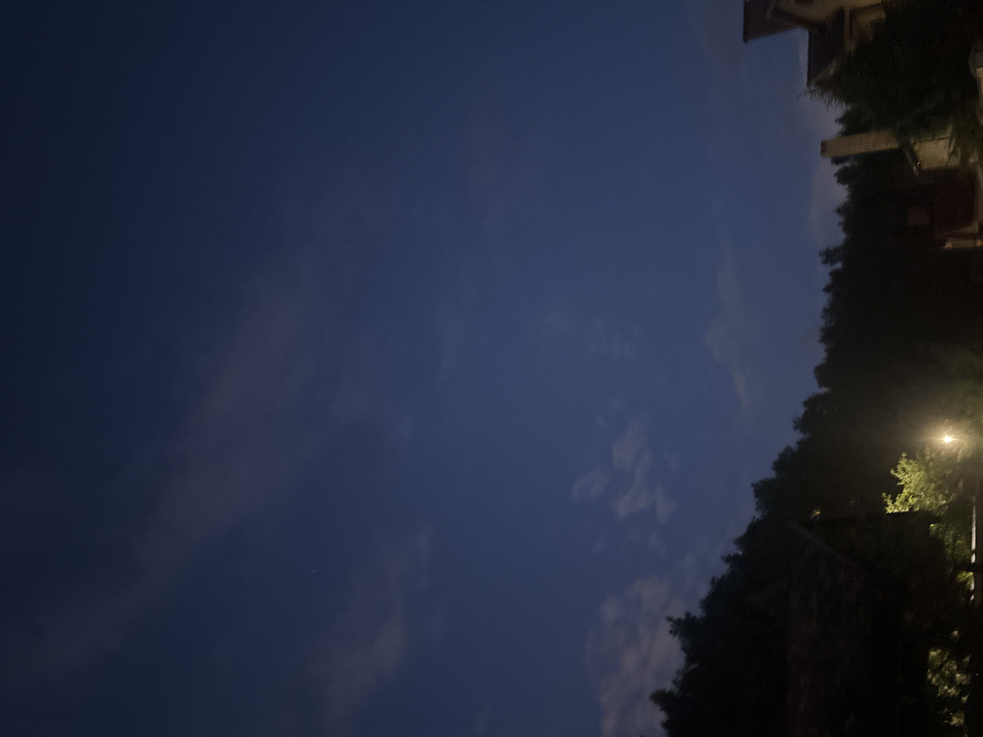 The image displays a nocturnal or late twilight scene, presented in a vertical orientation. The majority of the frame, particularly the left side and extending towards the top, is dominated by a deep, dark blue sky. Faint, wispy clouds are subtly distributed across this expanse, with a tiny, bright speck, possibly a star or distant light, visible in the upper-left portion.
Along the right side of the image, a dense line of dark, silhouetted trees runs vertically, extending from the bottom to the top. Above and slightly behind these trees, in the top-right corner, parts of buildings, likely residential structures, are visible in deep shadow, with some rooflines and architectural edges discernible. In the bottom-right corner, a bright streetlight casts a distinct yellow-orange glow, illuminating the foliage and branches directly beneath it.
No people or specific activities are taking place, contributing to the tranquil and still atmosphere. The dark sky and the prominent streetlight confirm the scene is set at night or during late dusk. The weather appears clear, with no signs of precipitation. This scene is located in Ореховка, Russia.