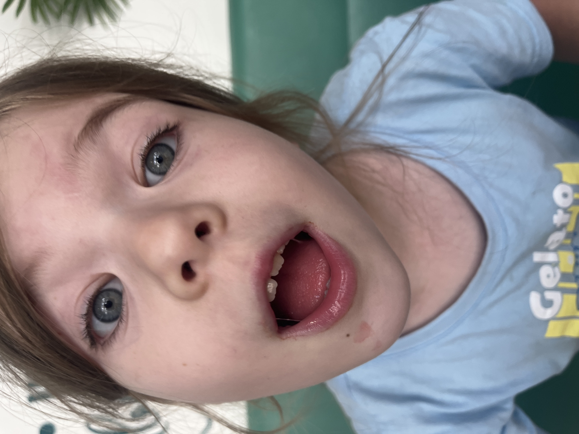 A close-up, eye-level, indoor shot focuses on the face of a young Caucasian girl. She has fair skin, light brown hair, and wide blue-gray eyes. Her mouth is open, revealing her tongue and a few small teeth. The background is blurred, with hints of a green surface and a white wall with a decorative element. A light blue t-shirt with the word "Gelato" in yellow lettering is visible on her. The image does not contain any information related to the city of Sochi, Russia, or any outdoor environment.