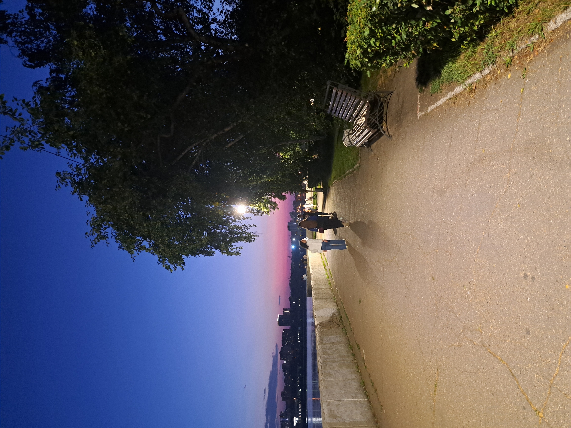 A wide-angle shot captures a twilight scene along a paved walkway beside a body of water in Irkutsk, Russia. The sky transitions from a deep blue at the top to a soft pink and purple gradient near the horizon, where a city skyline with illuminated buildings is visible across the water. To the left, a concrete retaining wall borders the walkway, separating it from the water. Several people are walking along the path. On the right side of the walkway, a cast-iron park bench is situated next to a neatly trimmed hedge and a grassy area. Lush green trees with dark foliage overhang the scene, casting shadows and framing the view. A street lamp is visible among the trees on the left side of the walkway, its light illuminating a portion of the path and casting long shadows. The pavement is cracked and textured, with a few small weeds growing through the fissures.