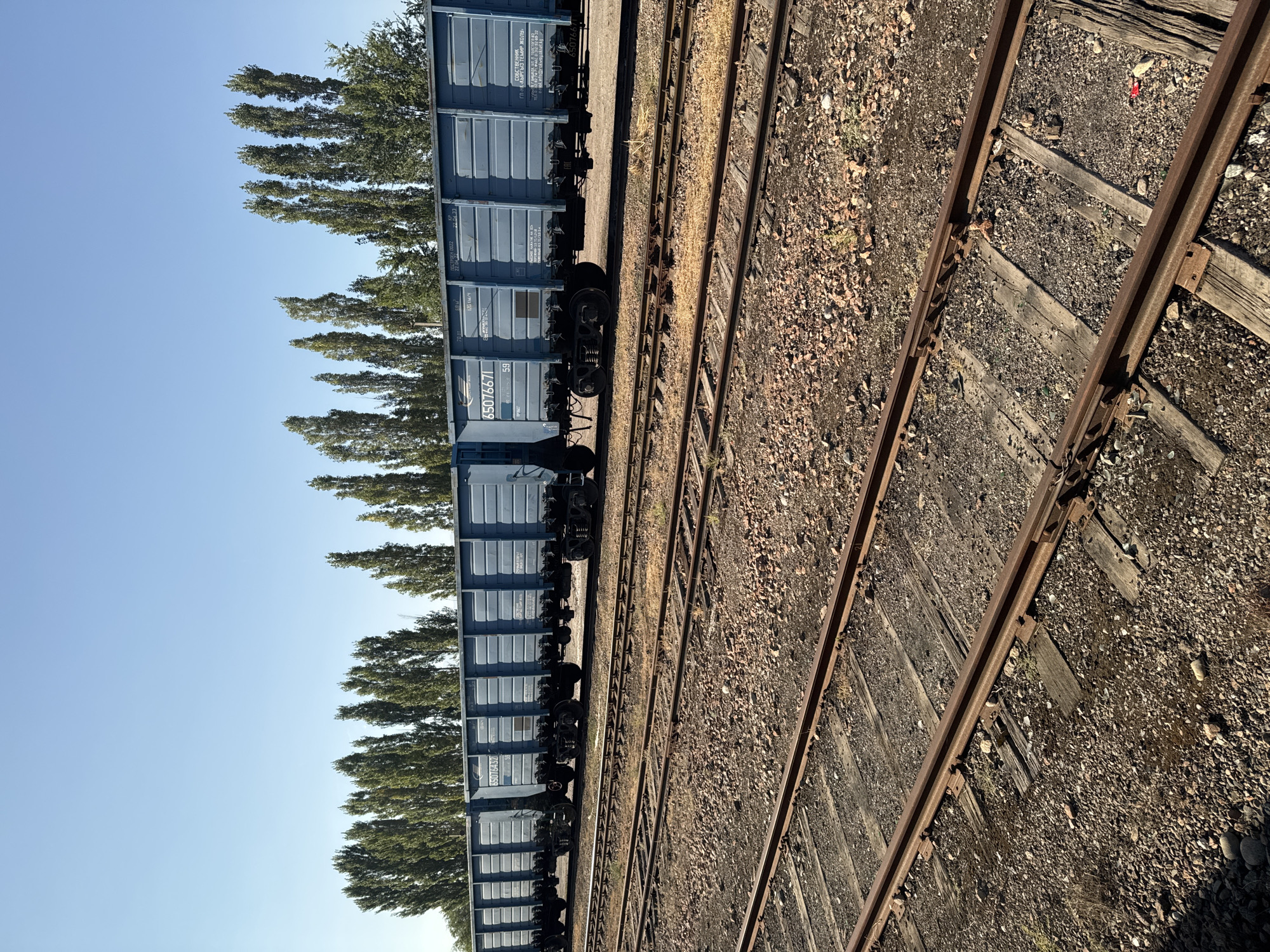 The image shows a train car, likely a freight car, on a railway track. The train car is blue and appears to be empty. It is parked on a sunny day, with a clear blue sky overhead. The railway tracks are old and rusted, with gravel and dirt surrounding them. In the background, there are several tall, slender trees. The scene appears to be in a rural or industrial area. The image does not contain any people or specific actions. The location is stated as Ivanovka, Kyrgyzstan, which is a village in the Chuy Region of Kyrgyzstan.
