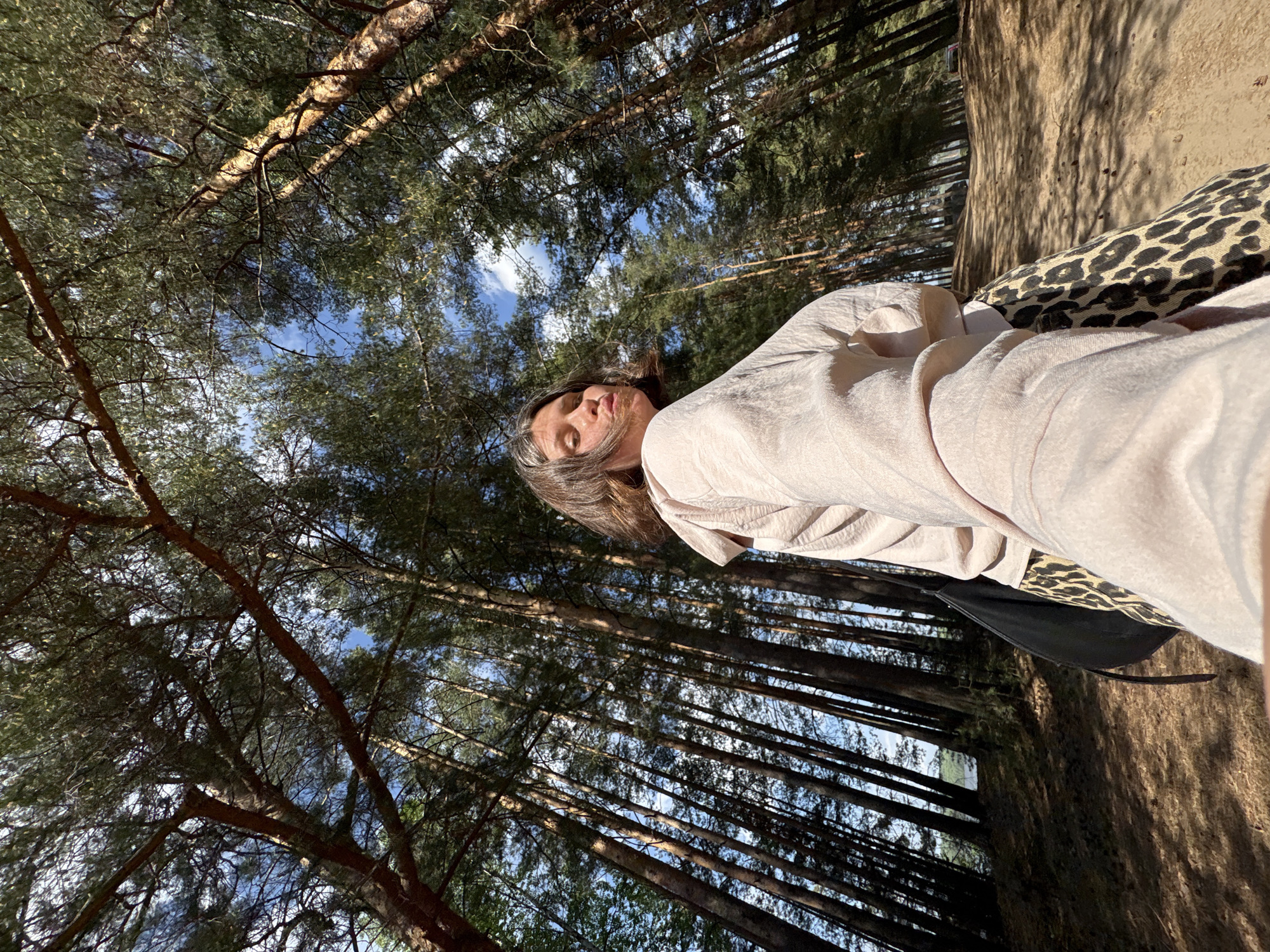 A person is lying on a bed or lounger with a leopard print cushion, outdoors in a forest, presumably near Chaikovsky, Russia. The angle of the shot looks upwards, through the canopy of tall pine trees toward a blue sky with wispy clouds. The person, possibly female, is wearing a light pink robe.