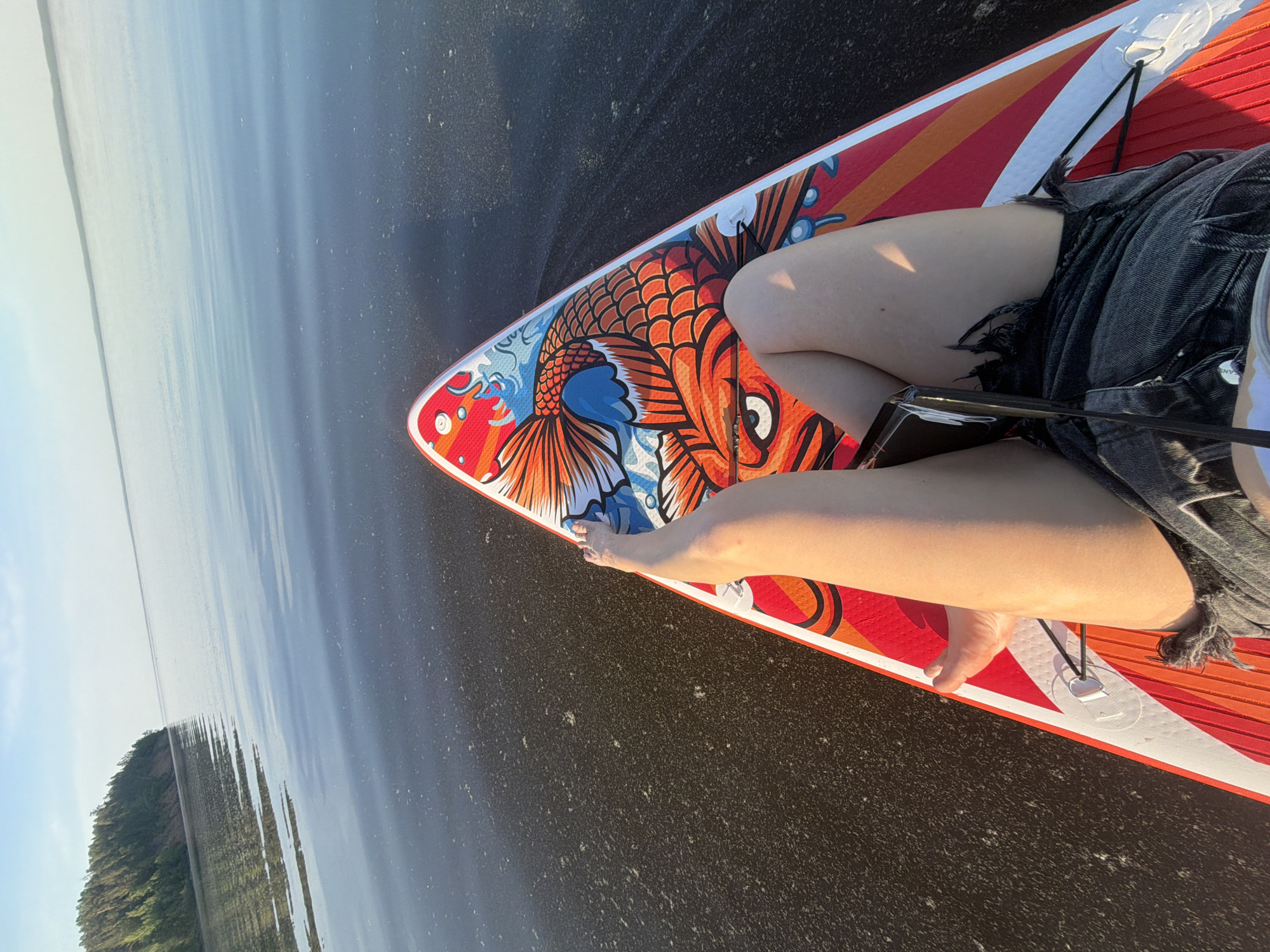 A photograph depicts a person reclining on a stand-up paddleboard (SUP) adorned with an orange and blue koi fish design. The individual is positioned on the board with their legs stretched out towards the pointed end, wearing dark, distressed denim shorts. A book or tablet is situated on the paddleboard near their torso.
The SUP is afloat on a body of water, possibly a lake, characterized by dark, still water with a textured surface. In the background, the shoreline is visible, featuring a dense forest or wooded area. The sky is partially visible, with a light blue color suggesting fair weather conditions. The location is the city of Noviy, Russia.