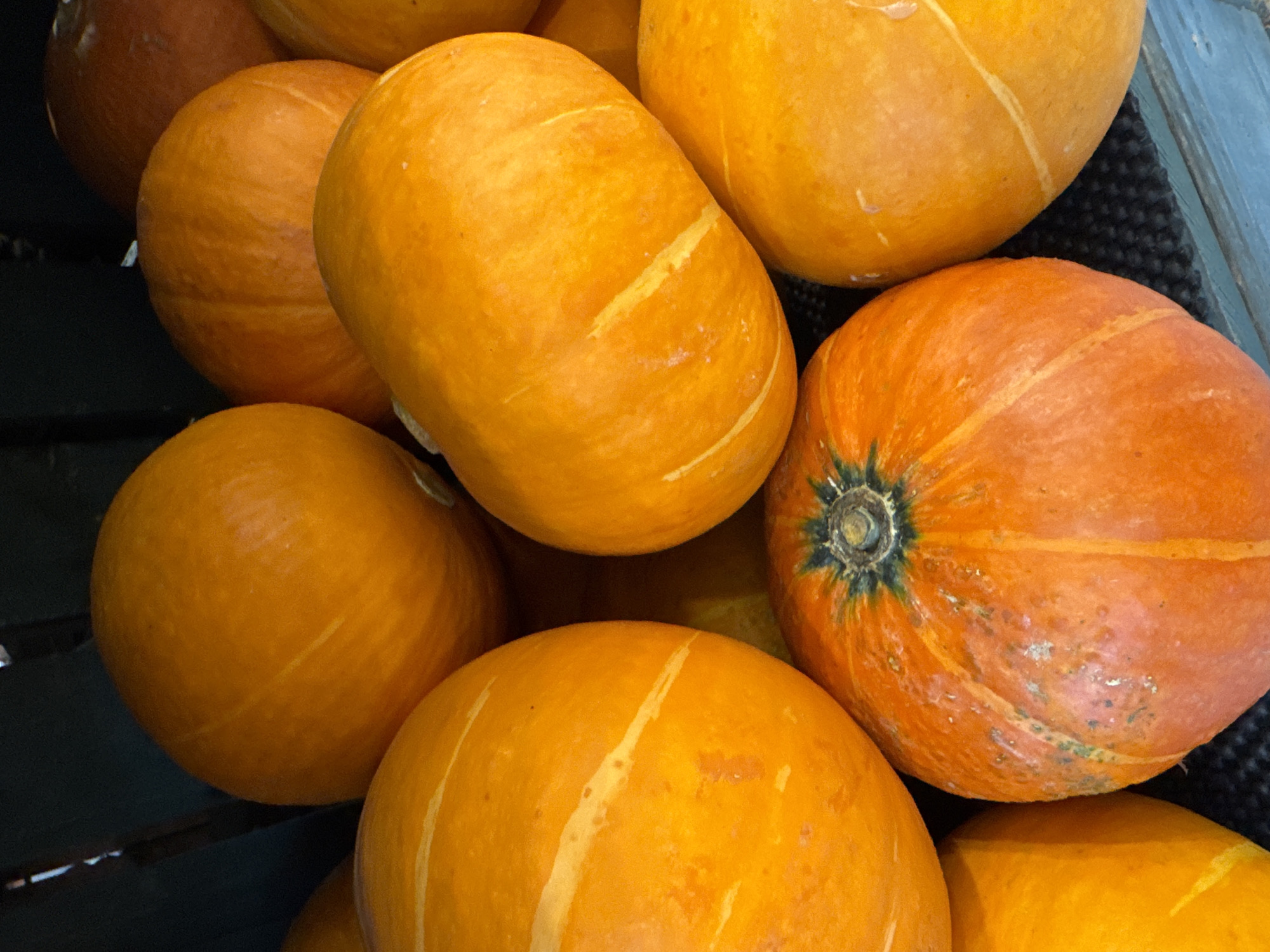 The image shows a close-up of a pile of orange pumpkins. The pumpkins are varying in color and size, some with vertical stripes or lines. One pumpkin is slightly darker orange than the rest and has a visible stem. The pumpkins are arranged in a jumbled manner, likely in a bin or container. The background is blurry, with hints of a dark or black surface. The location, Kuta Selatan, Indonesia, is not evident in the image.