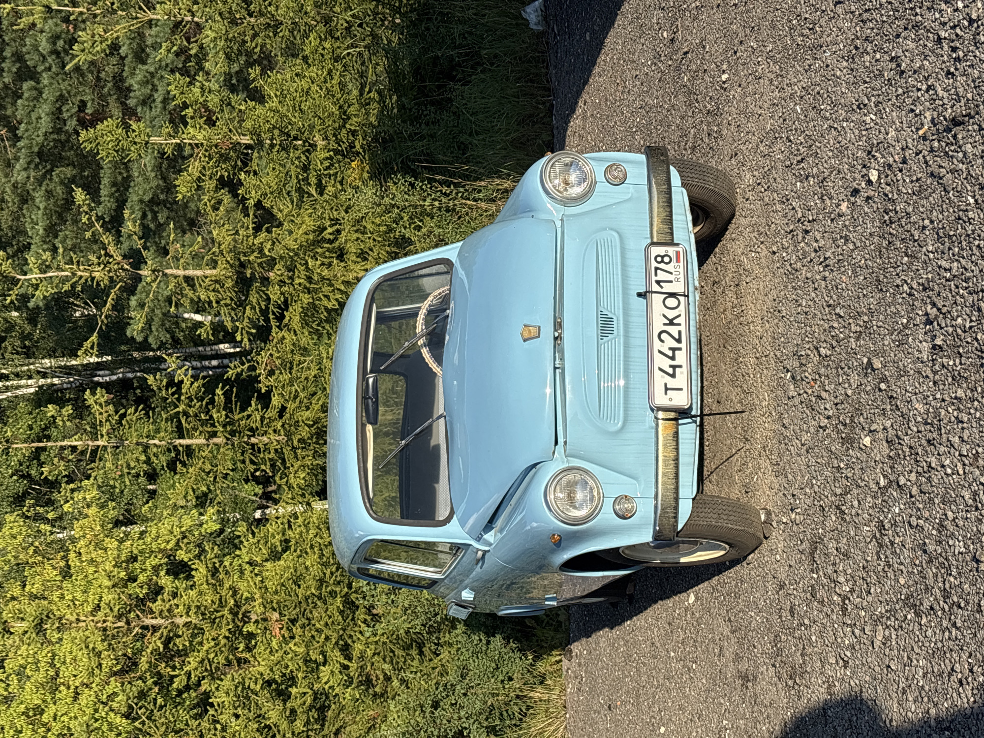 A light blue, vintage car is parked on a gravel surface. The car is a compact, four-door sedan with a chrome bumper and round headlights. The license plate reads "T442KO 178 RUS". The car is positioned facing the viewer, with its front slightly angled to the right. Behind the car is a dense forest of green trees, with some taller, thinner trees interspersed among them. The ground is covered in small, grey gravel. Sunlight casts shadows on the ground and highlights the car. There are no people or animals visible in the image. The location is described as Romashkovo, Russia.