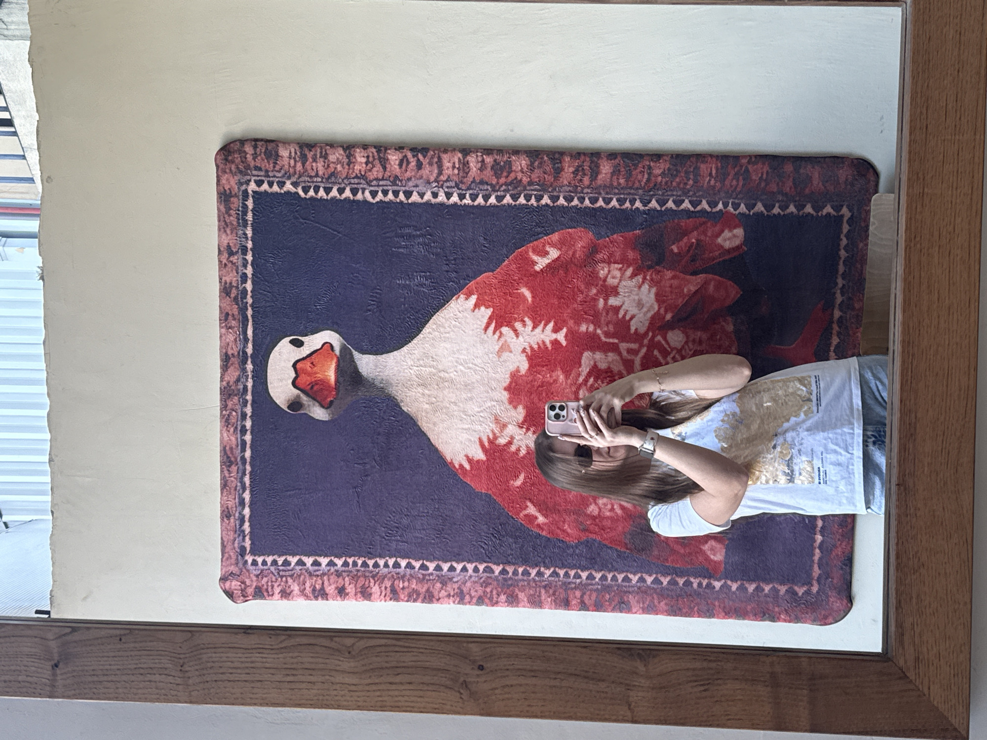 A medium shot captures a framed picture hanging on a wall. The picture is an artistic rendition of a goose on a rug with a dark blue background, predominantly white and red plumage, and an intricate border. A fair-skinned woman with long, brown hair is visible, seemingly taking a photo of the artwork with a pink smartphone. She is wearing a white t-shirt with a gold-colored design and light blue denim shorts. The room has neutral-colored walls, and a window with blinds is visible on the left. The scene is inside a building, the location of which is purportedly in Batumi, Georgia.