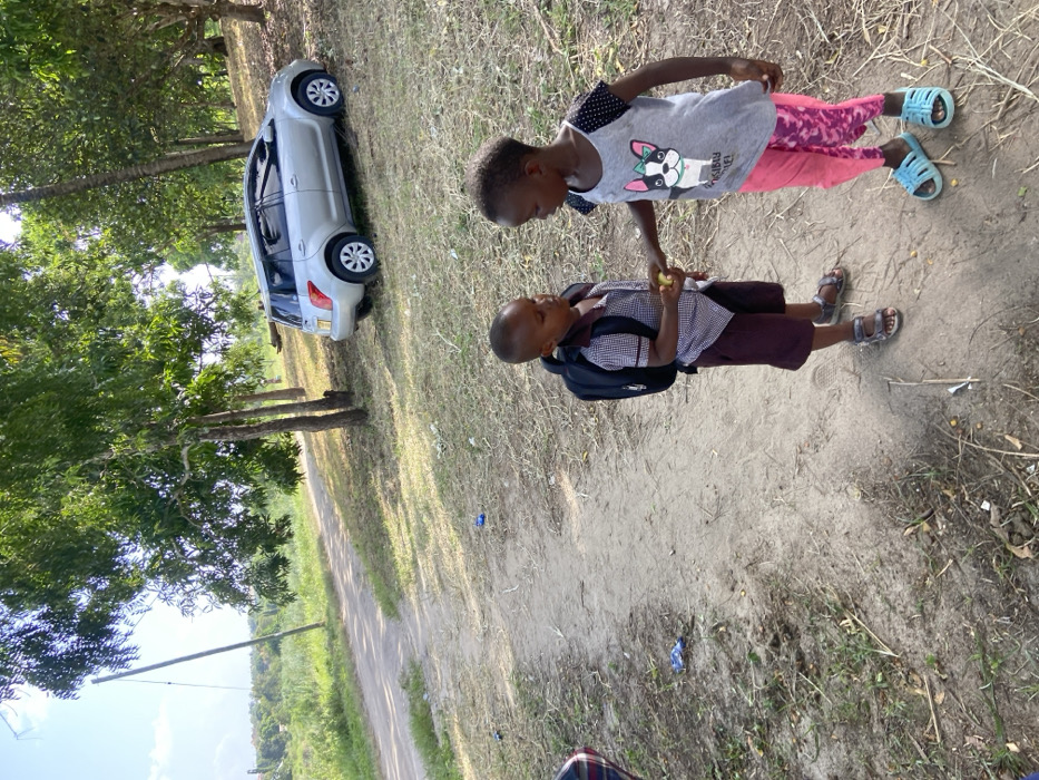 This outdoor photograph, taken in Kibaha, Tanzania, depicts two children and a parked car in a sunny, semi-rural setting. The image is rotated 90 degrees counter-clockwise from its natural orientation, showing the ground on the right and the sky on the left.
In the center foreground, a young boy and girl are interacting. The boy, wearing a checkered short-sleeved shirt, dark shorts, sandals, and a black backpack, is holding a small, light-colored fruit or object to his mouth, appearing to eat or examine it. The girl stands slightly behind him, dressed in a grey t-shirt featuring a cartoon French Bulldog and pink patterned leggings, with light blue sandals on her feet. She is looking down towards the object the boy is holding. Visible text on her t-shirt reads "LITTLE FU".
To the left of the children, a silver or light grey car, possibly a hatchback or small SUV, is parked on a grassy, dirt patch. The ground around the children and the car is mostly dry dirt with sparse green and dry grass. Lush green trees with thick foliage dominate the left side of the frame and extend into the background. A narrow dirt path or road traverses the scene diagonally from the lower left towards the upper right. A utility pole is partially visible in the lower left corner.
The scene is brightly lit by natural sunlight, casting clear shadows, suggesting it is midday or early afternoon. The weather appears clear and sunny. The children seem calm and engaged in their interaction.
